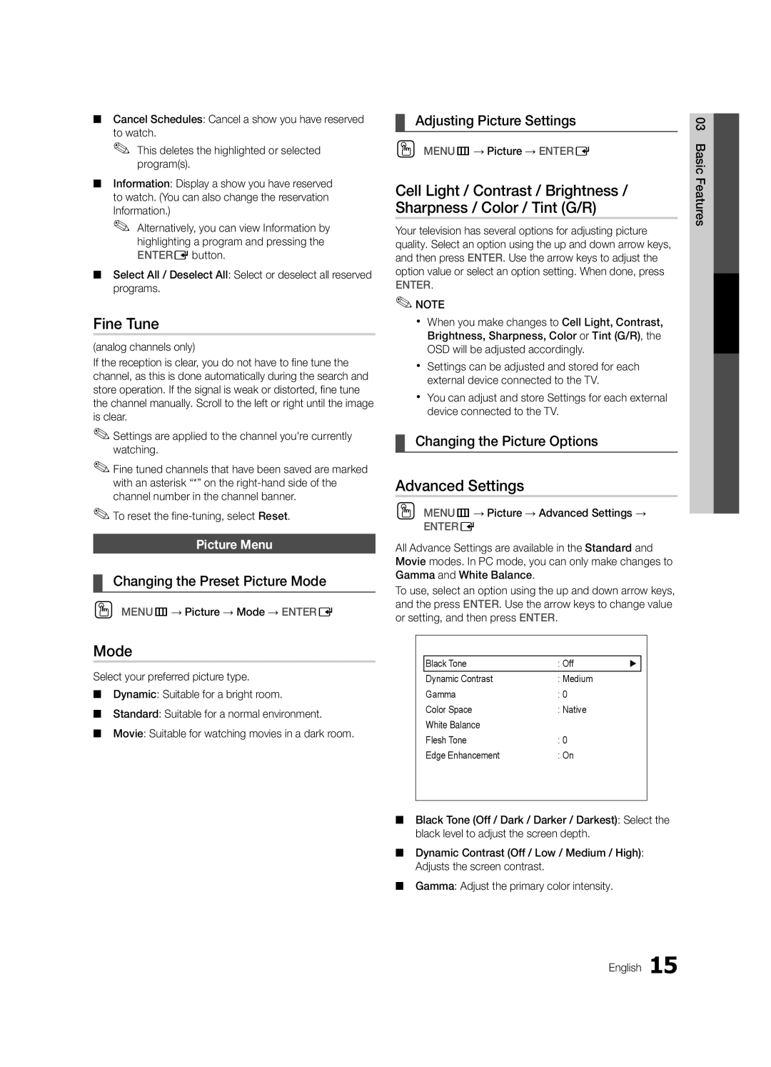 Samsung 430 user manual Fine Tune, Mode, Advanced Settings 