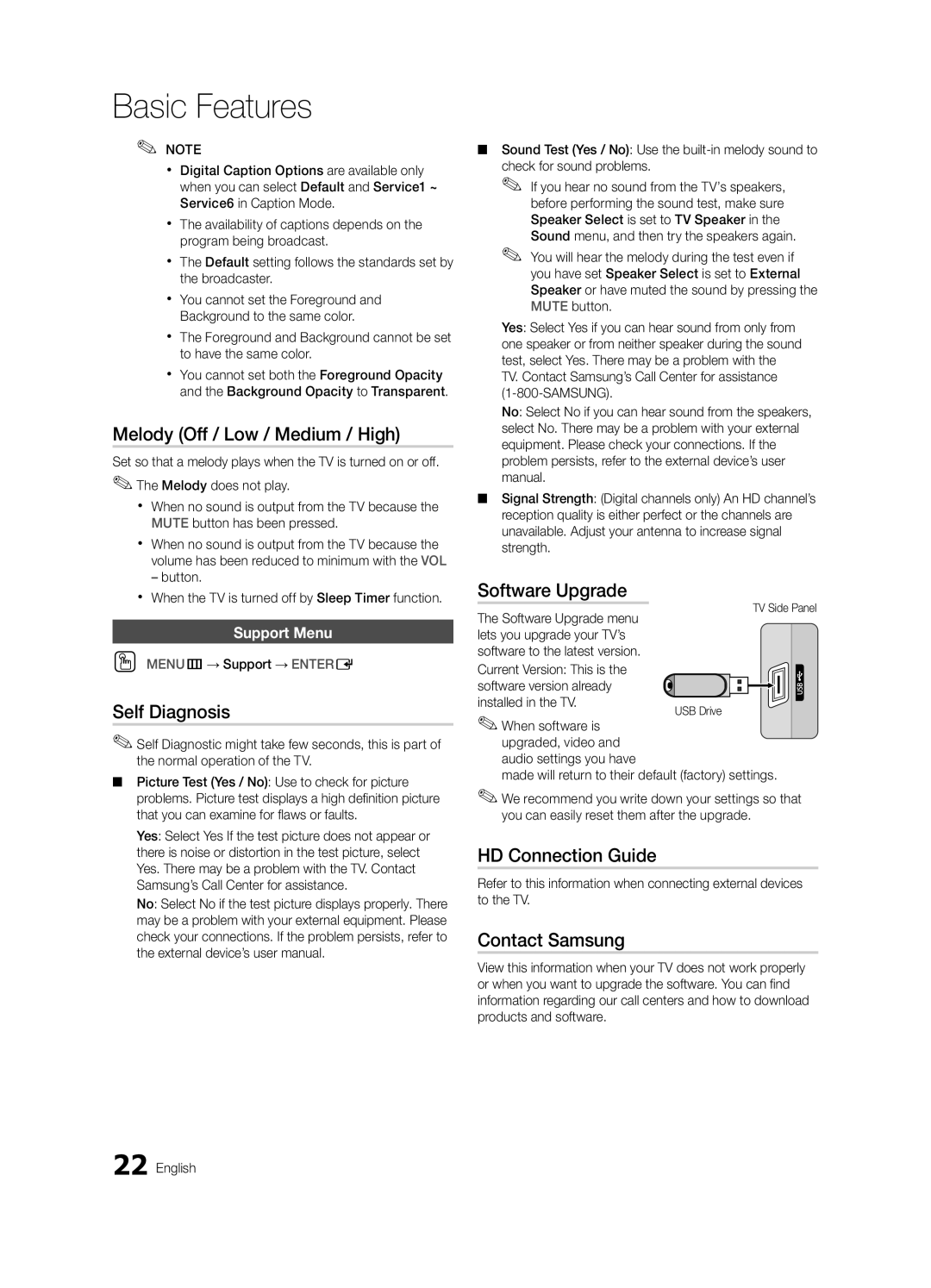 Samsung 430 Melody Off / Low / Medium / High, Self Diagnosis, Software Upgrade, HD Connection Guide, Contact Samsung 