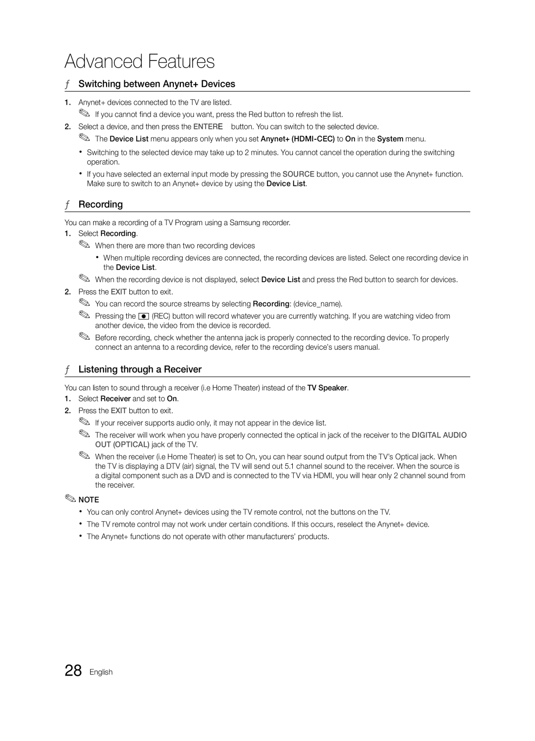 Samsung 430 user manual Switching between Anynet+ Devices, Recording, Listening through a Receiver 