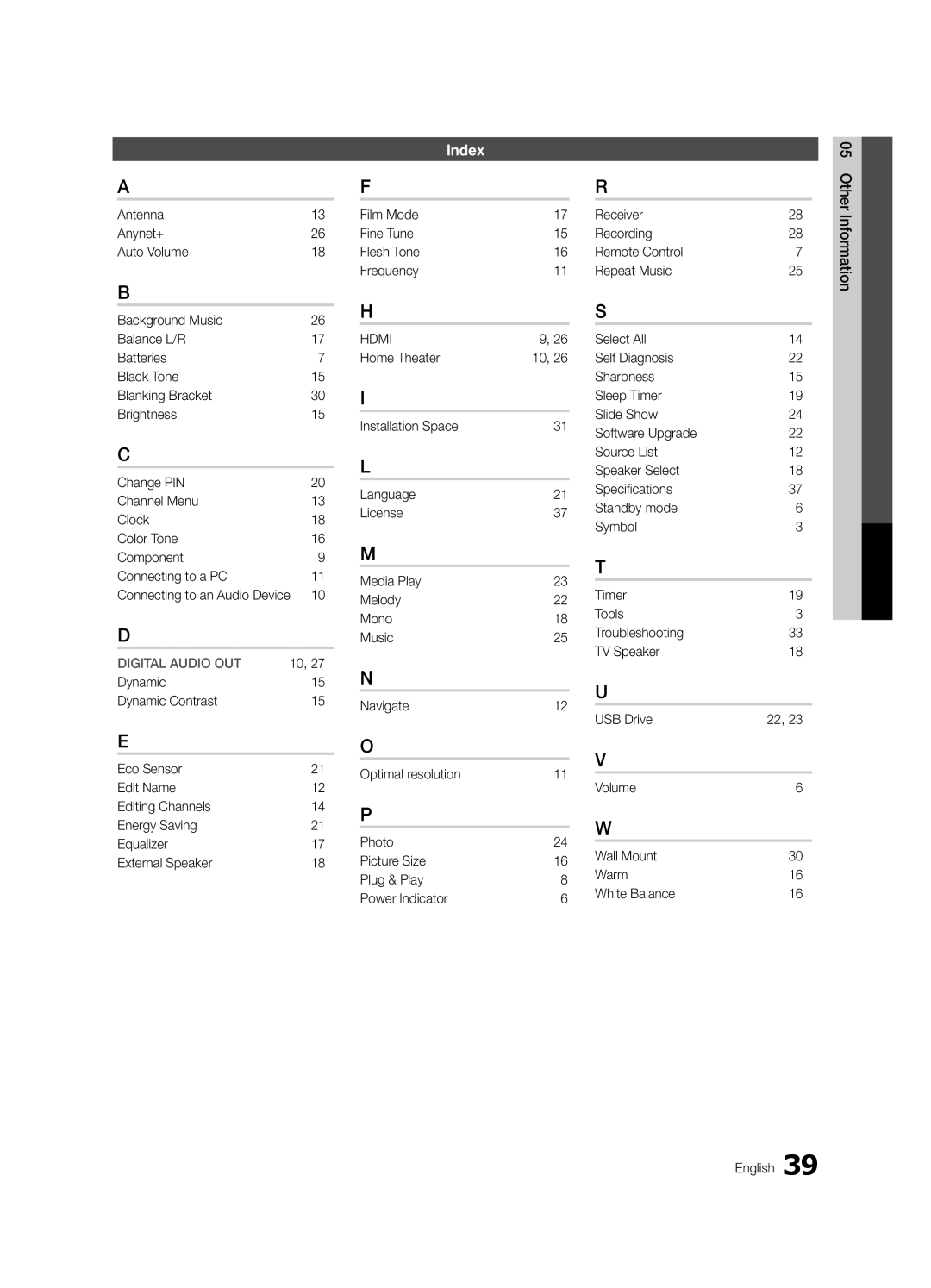 Samsung 430 user manual Index, Digital Audio OUT, Film Mode Fine Tune Flesh Tone Frequency 