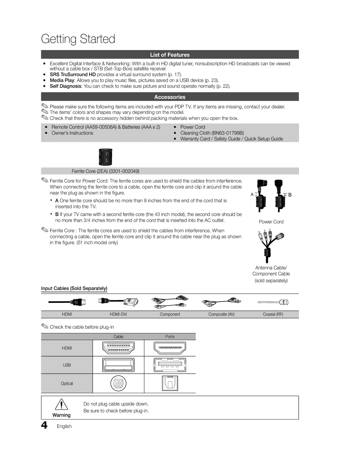 Samsung 430 user manual Getting Started, List of Features, Accessories 