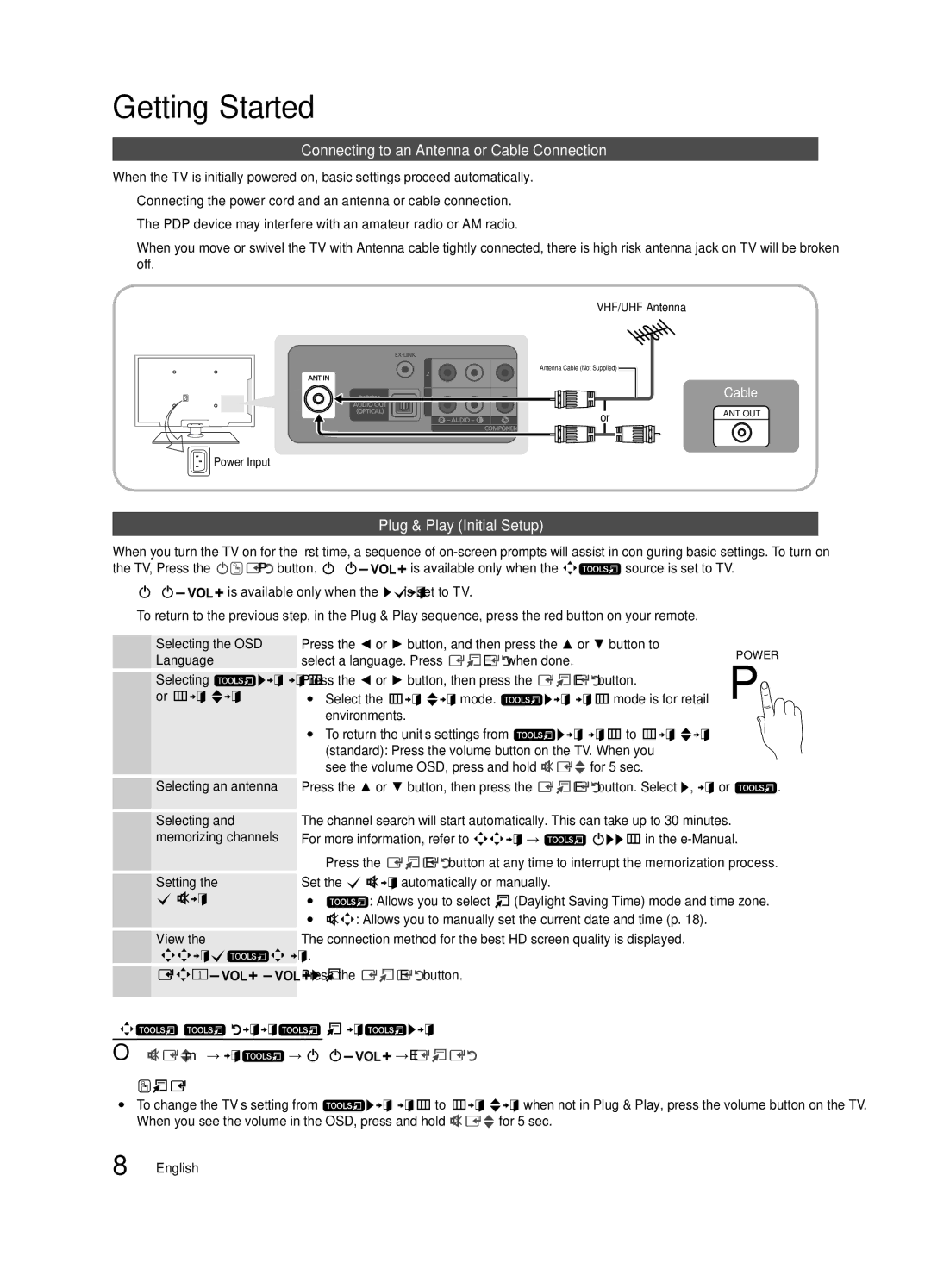 Samsung 430 user manual Connecting to an Antenna or Cable Connection, Plug & Play Initial Setup 