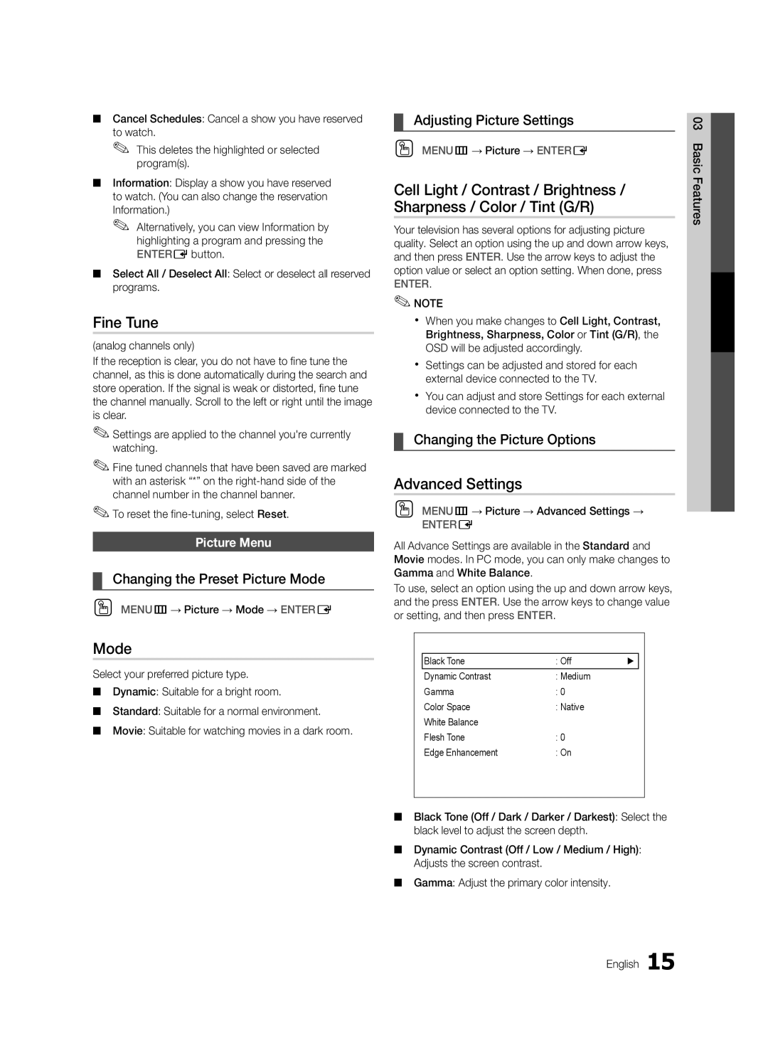 Samsung 440 user manual Fine Tune, Mode, Advanced Settings 