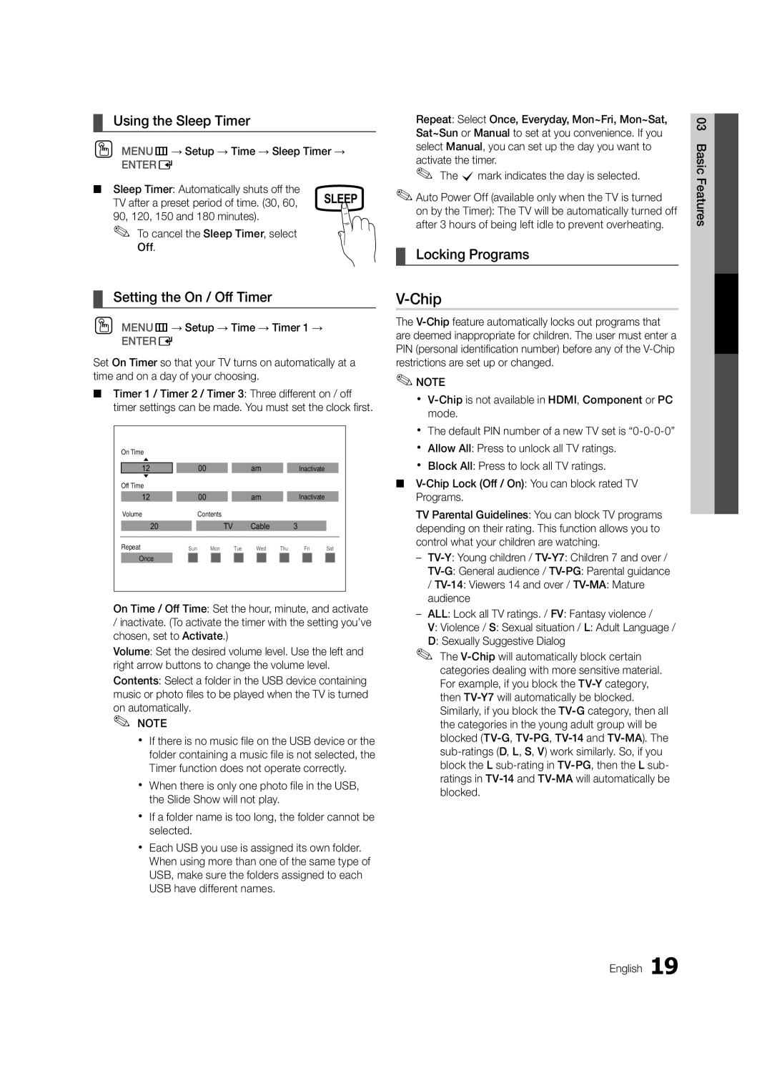 Samsung 440 user manual Chip, Using the Sleep Timer, Setting the On / Off Timer, Locking Programs 