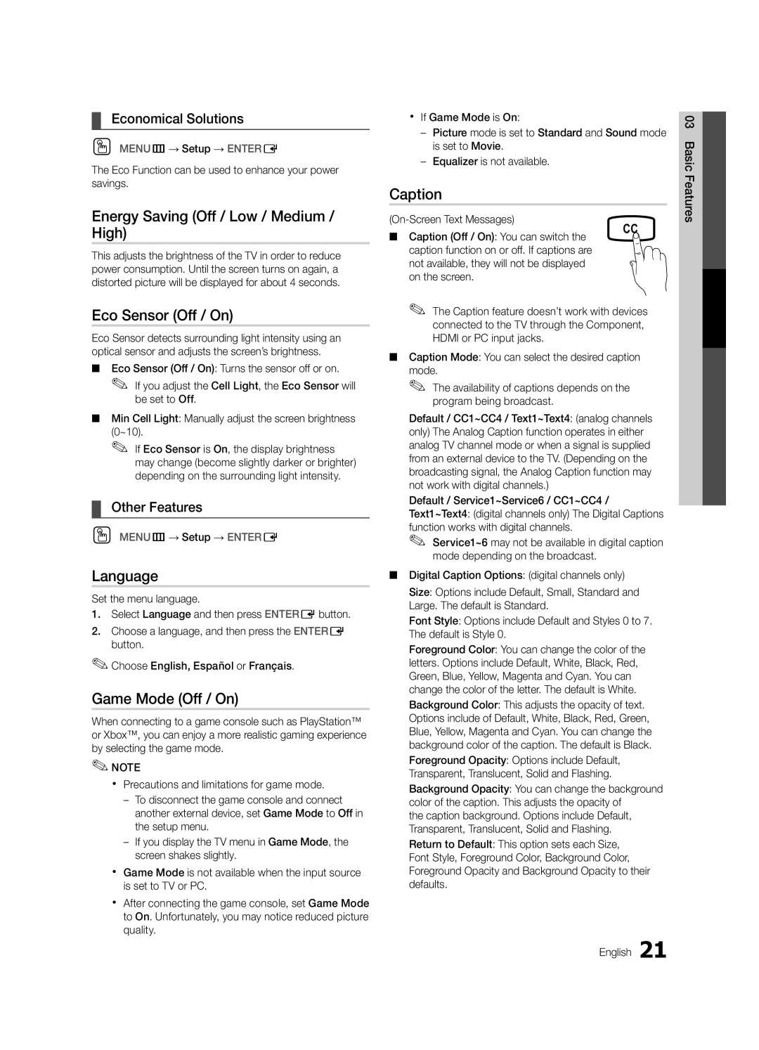 Samsung 440 user manual Energy Saving Off / Low / Medium / High, Eco Sensor Off / On, Language, Game Mode Off / On, Caption 