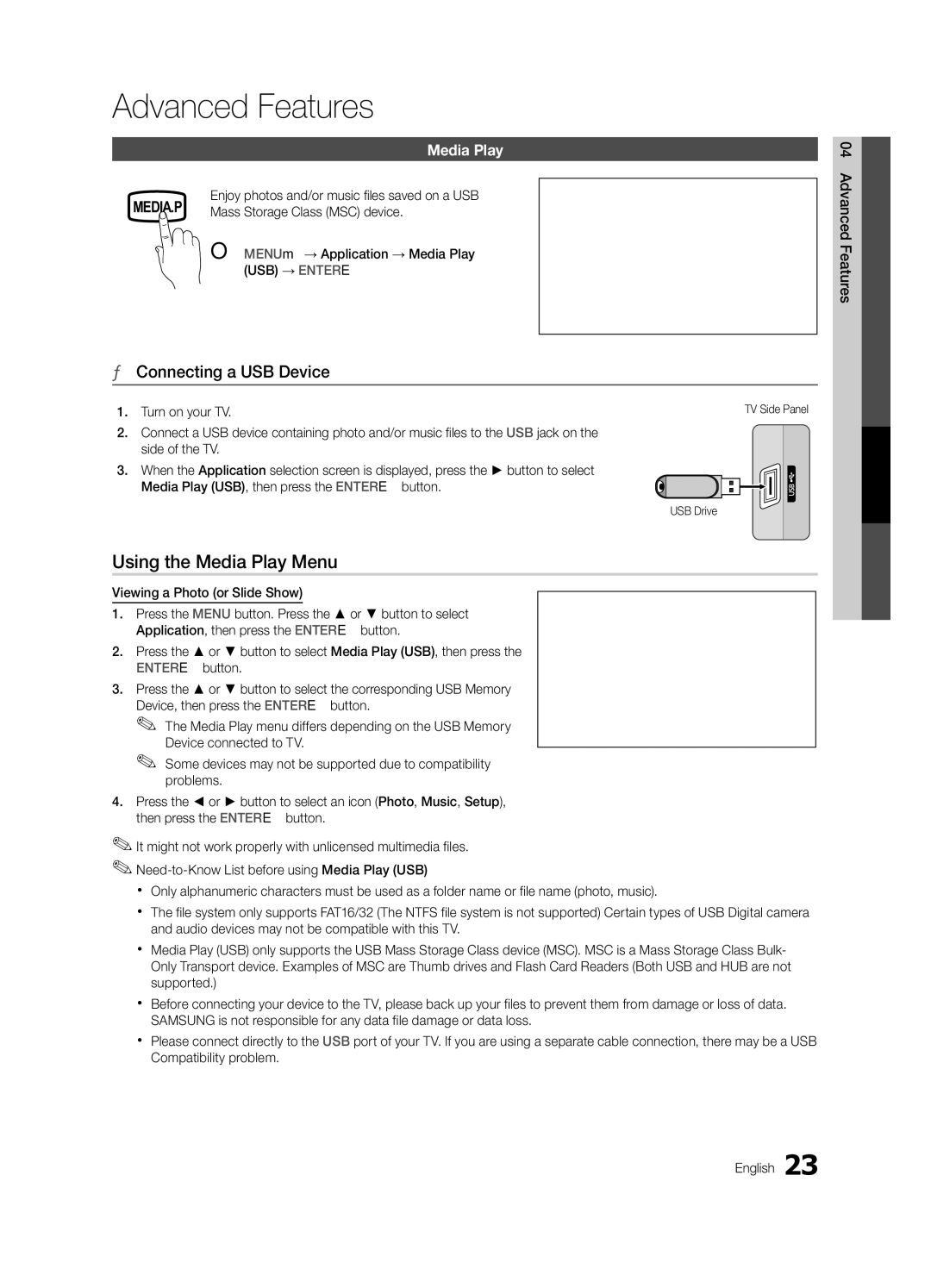 Samsung 440 user manual Advanced Features, Using the Media Play Menu, Connecting a USB Device 