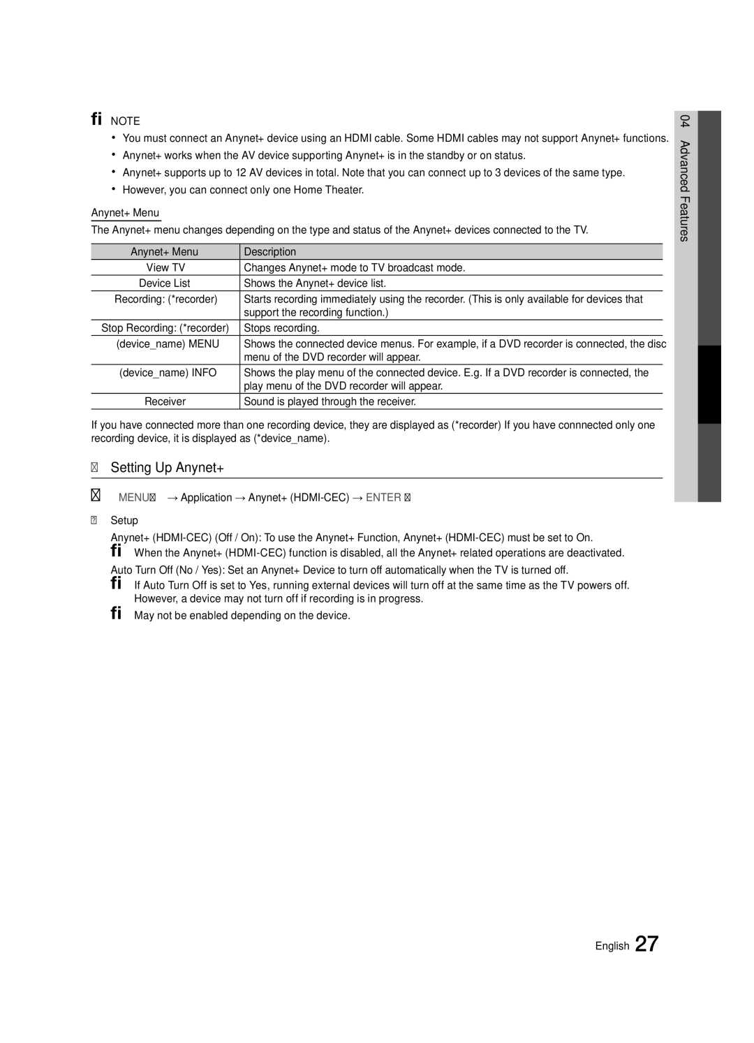 Samsung 440 user manual Setting Up Anynet+ 