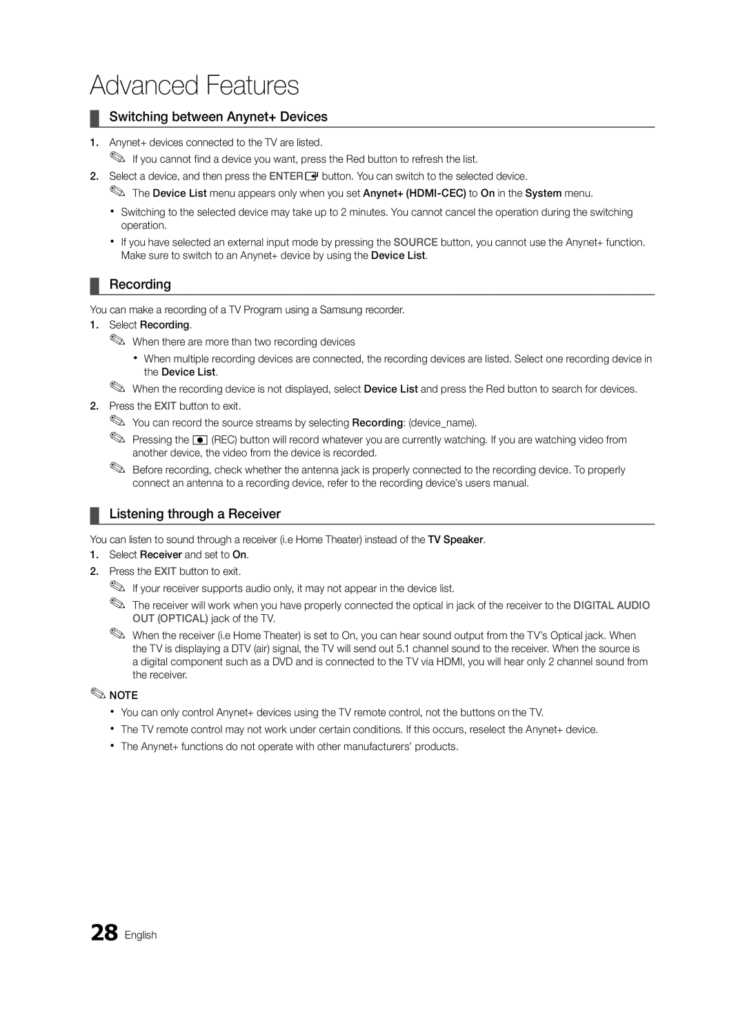 Samsung 440 user manual Switching between Anynet+ Devices, Recording, Listening through a Receiver 