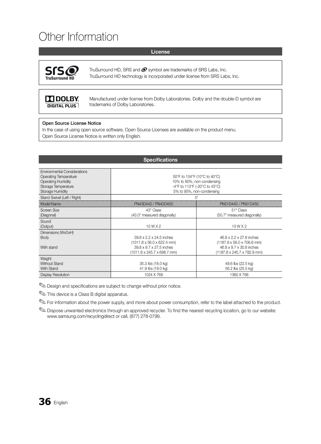 Samsung 440 user manual License, Specifications 