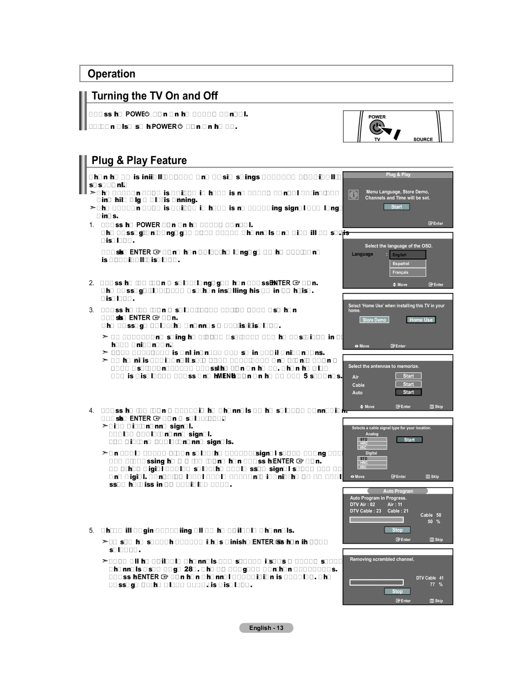 Samsung 451 Operation Turning the TV On and Off, Plug & Play Feature, Displayed Press, Auto Air and Cable antenna signals 