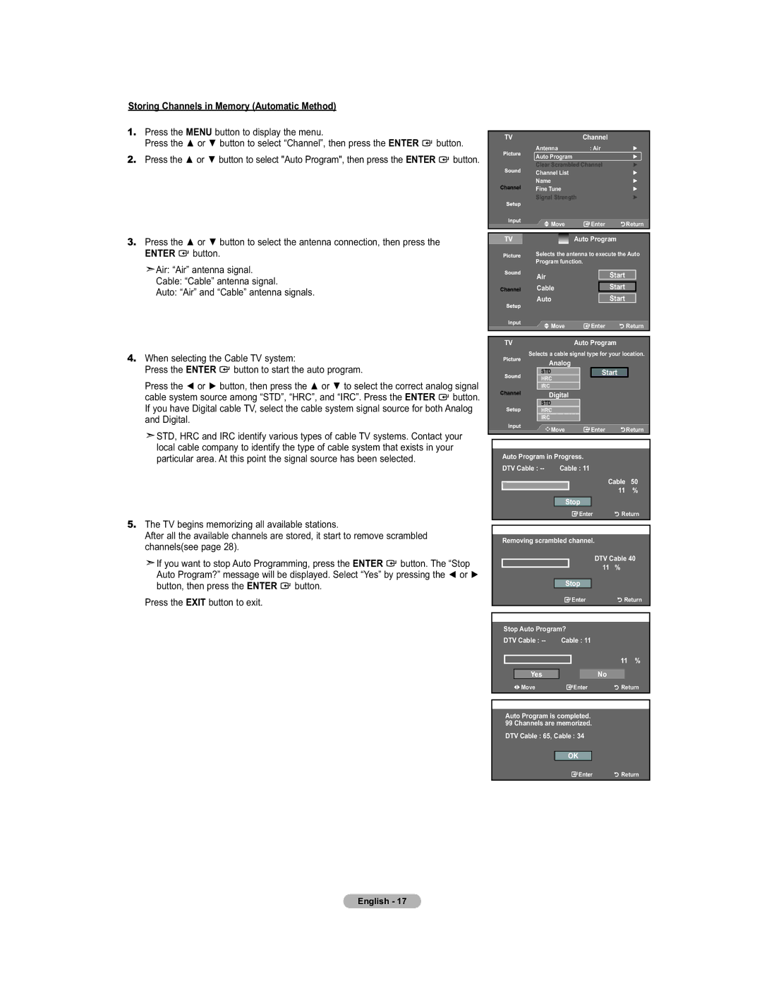 Samsung 451 user manual Storing Channels in Memory Automatic Method, Press the Menu button to display the menu 