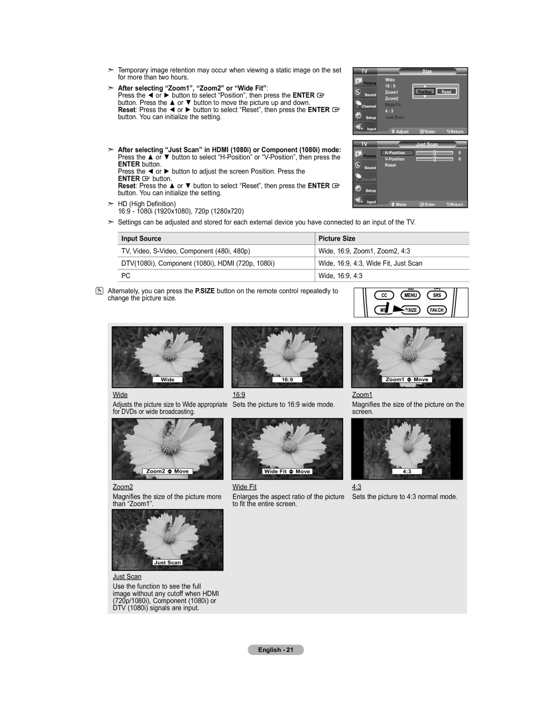 Samsung 451 user manual After selecting Zoom1, Zoom2 or Wide Fit, Input Source Picture Size, To fit the entire screen 