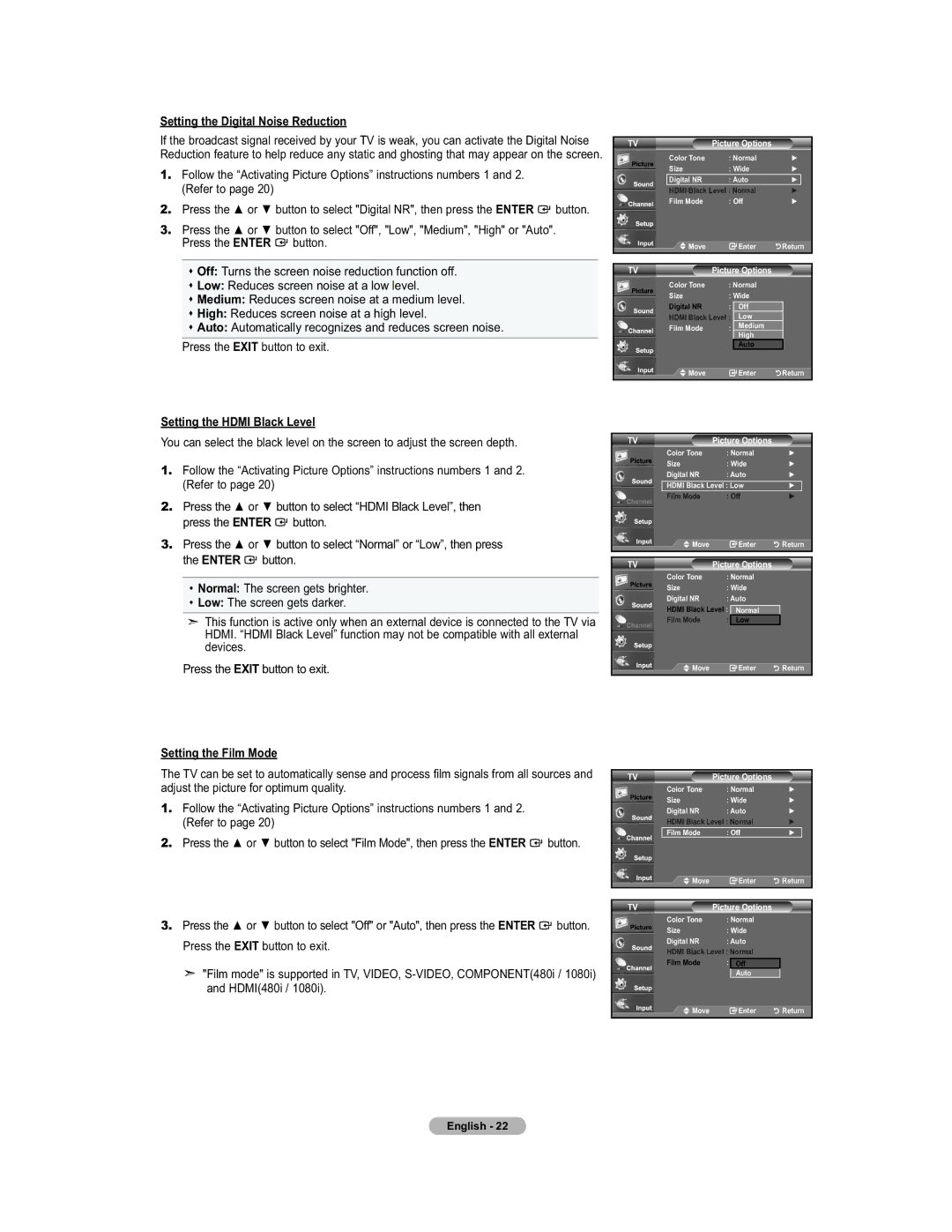 Samsung 451 user manual Setting the Digital Noise Reduction, Setting the Hdmi Black Level, Enter, Setting the Film Mode 