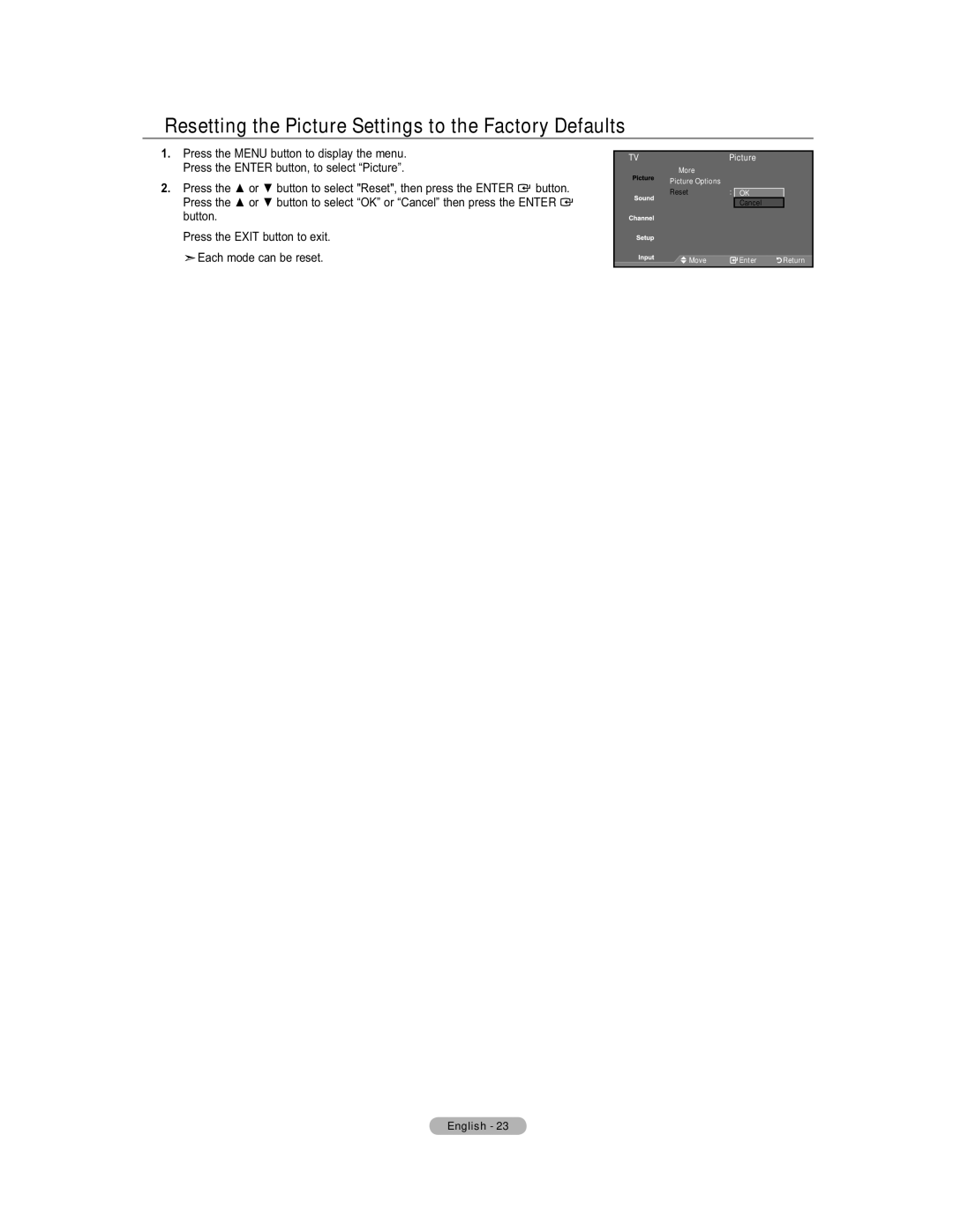 Samsung 451 user manual Resetting the Picture Settings to the Factory Defaults, TVPicture 