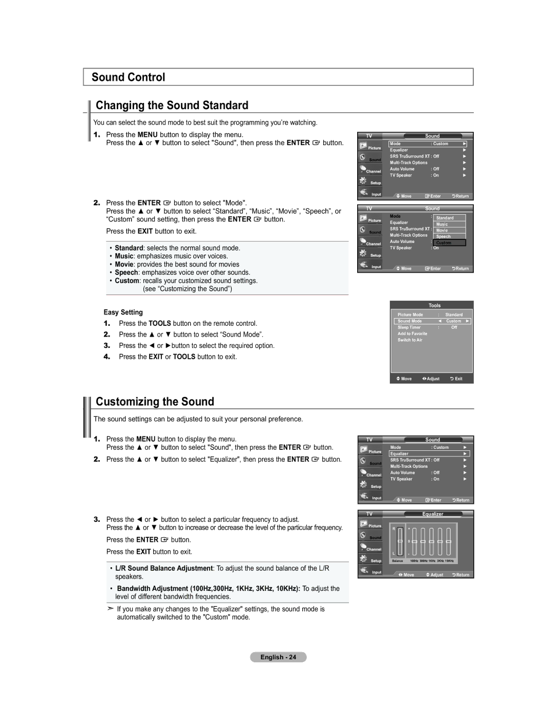 Samsung 451 user manual Sound Control Changing the Sound Standard, Customizing the Sound 