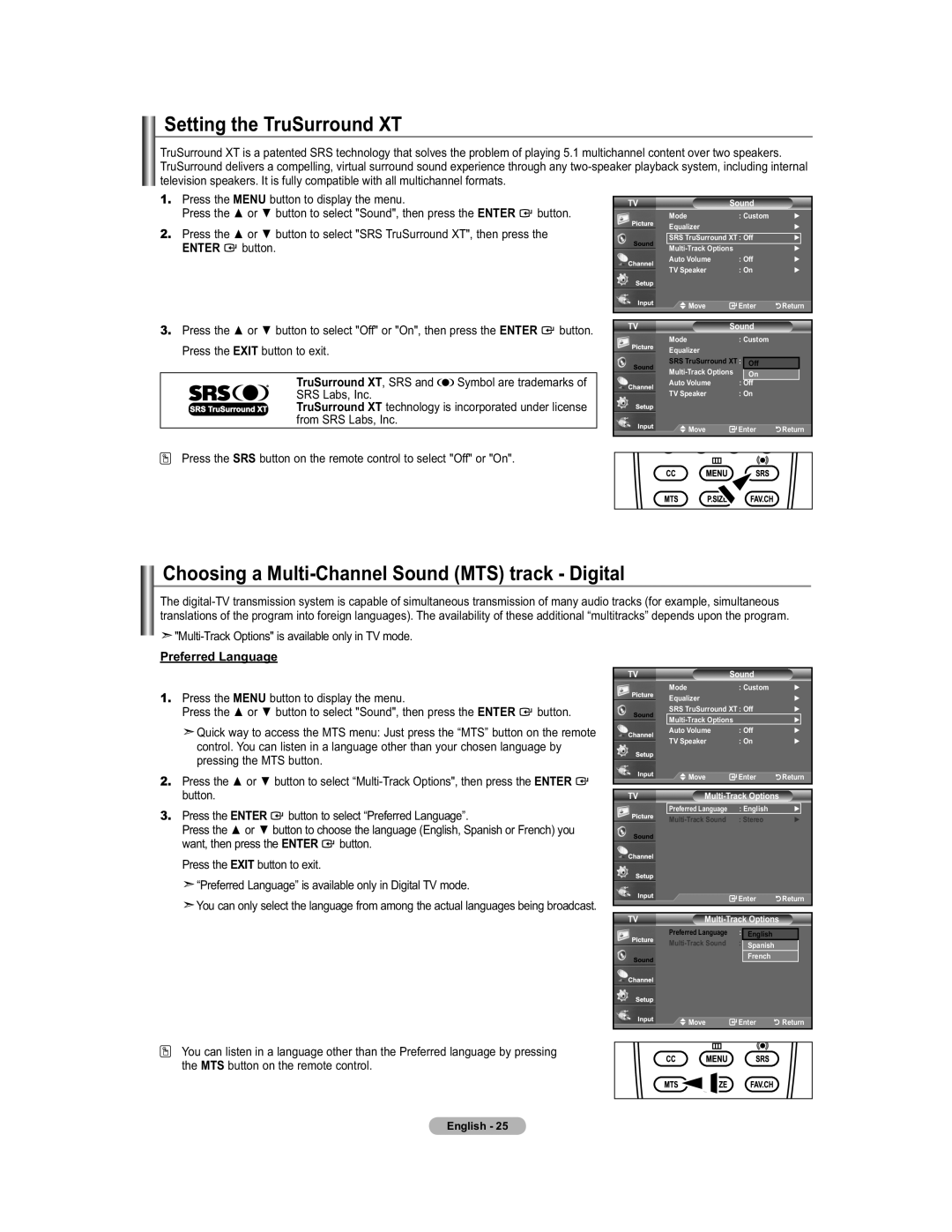 Samsung 451 user manual Setting the TruSurround XT, Choosing a Multi-Channel Sound MTS track Digital, Preferred Language 