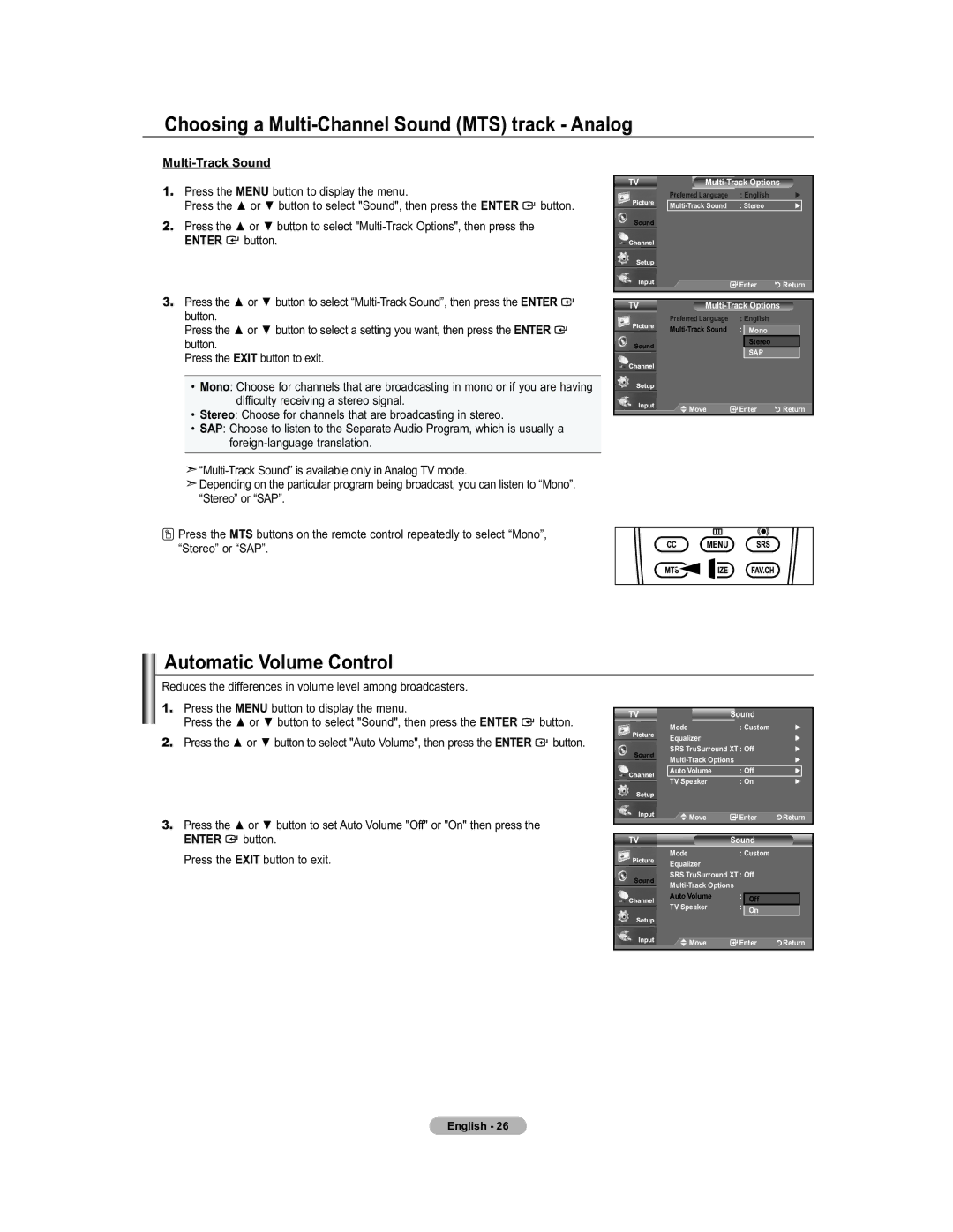 Samsung 451 user manual Choosing a Multi-Channel Sound MTS track Analog, Automatic Volume Control, Multi-Track Sound 