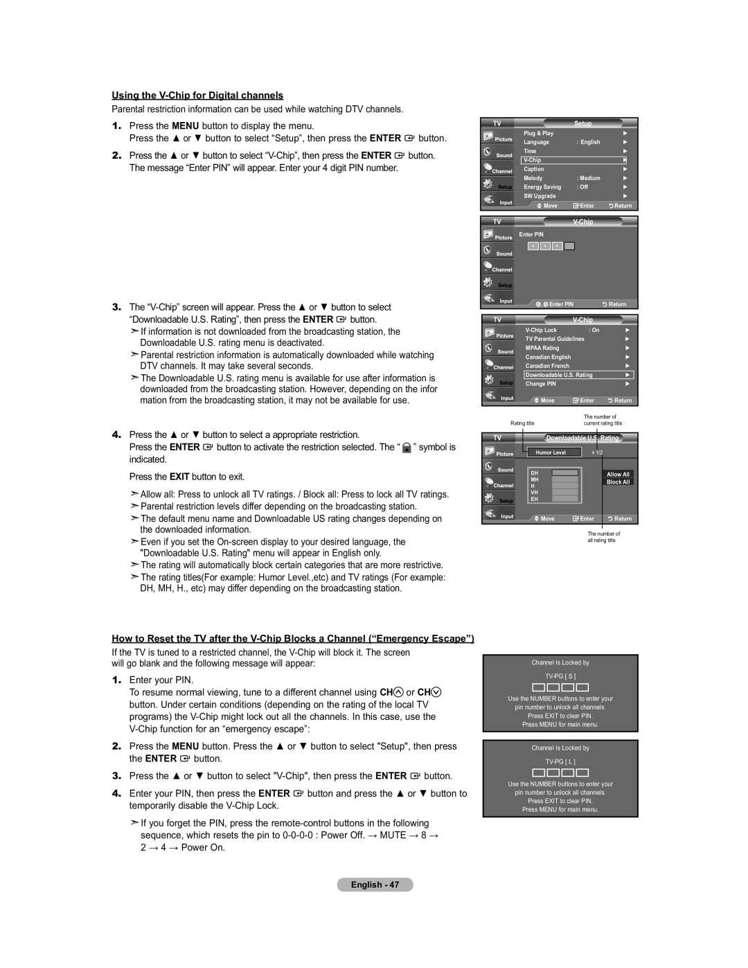 Samsung 451 user manual Using the V-Chip for Digital channels, Indicated Press the Exit button to exit, Rating 