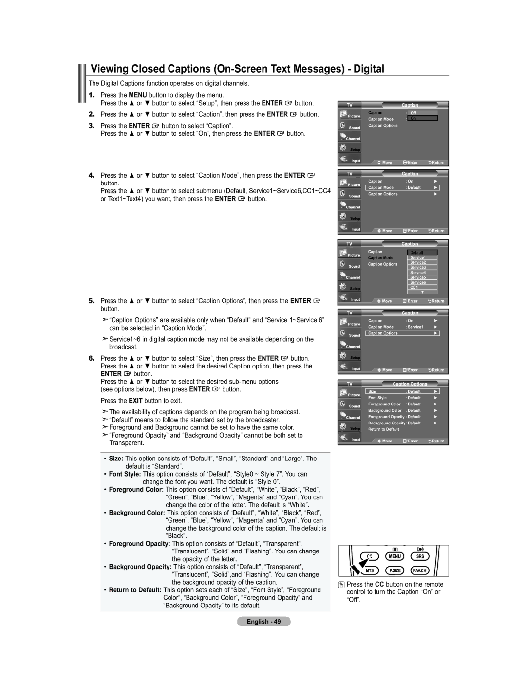 Samsung 451 user manual Viewing Closed Captions On-Screen Text Messages Digital, Button Press, Caption Options 