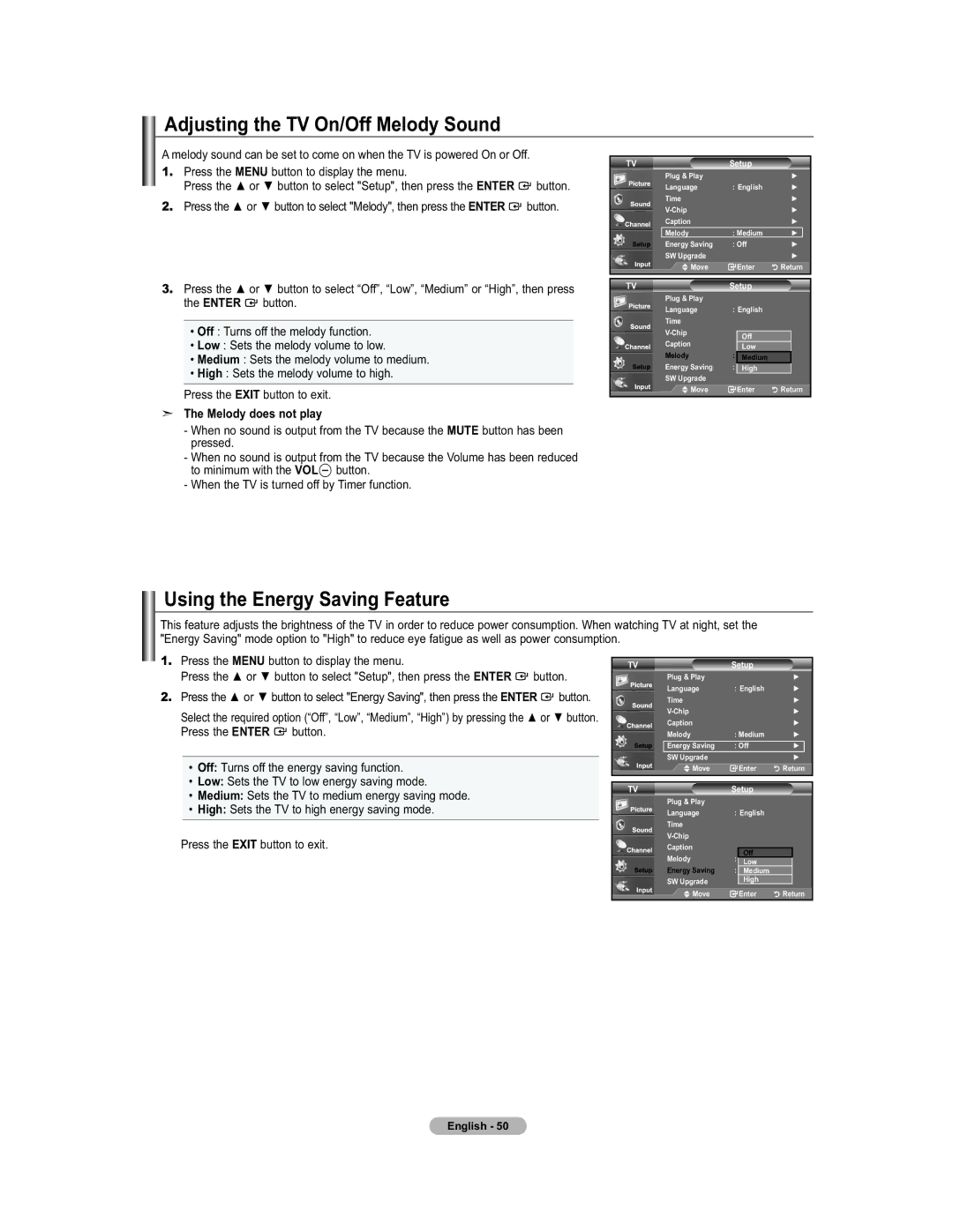 Samsung 451 Adjusting the TV On/Off Melody Sound, Using the Energy Saving Feature, Melody does not play, Press the or 