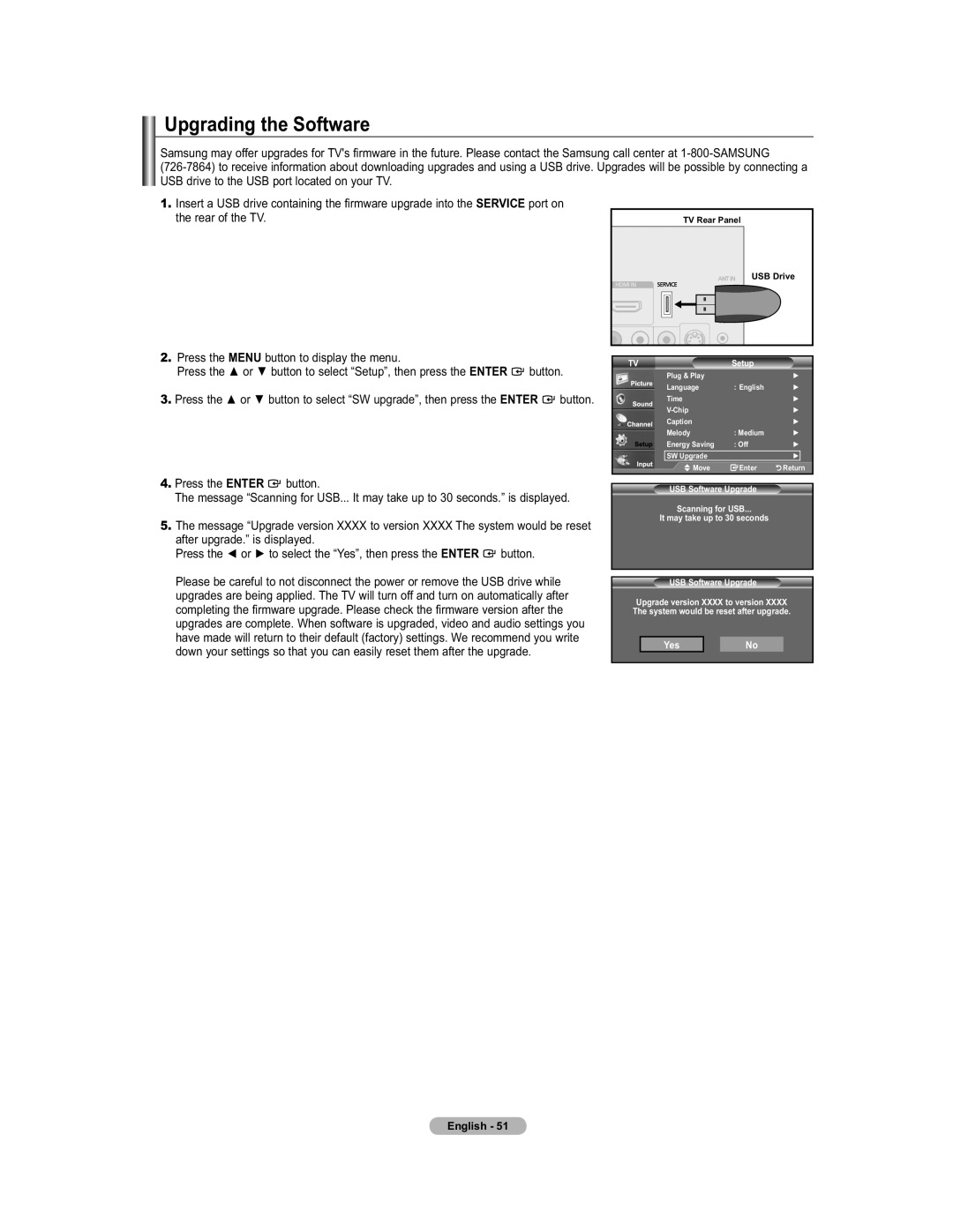 Samsung 451 user manual Upgrading the Software, USB Software Upgrade 