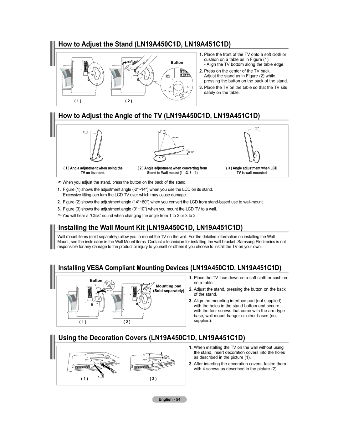 Samsung How to Adjust the Stand LN19A450C1D, LN19A451C1D, How to Adjust the Angle of the TV LN19A450C1D, LN19A451C1D 