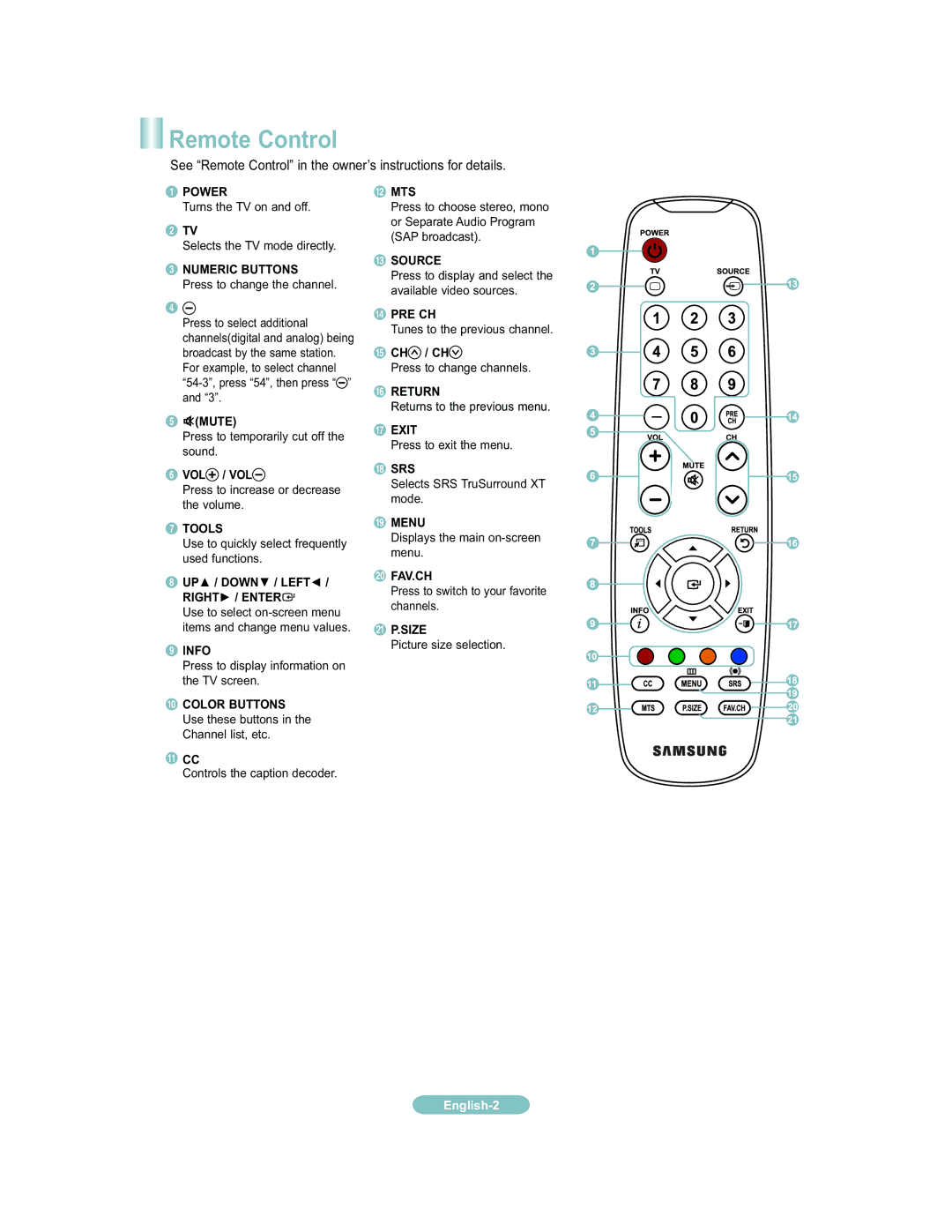 Samsung 451 user manual Remote Control, Picture size selection 