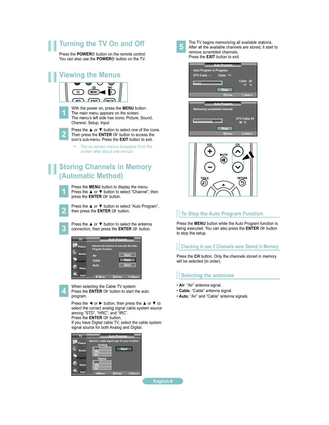 Samsung 451 user manual Viewing the Menus, Cable 24 11 % Stop 