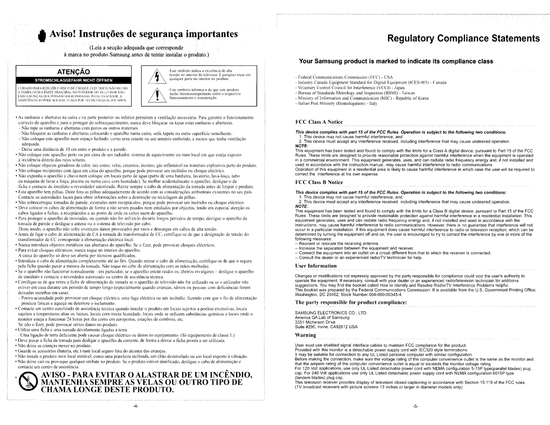 Samsung 451 user manual Aviso! Instru~oes de seguran~a importantes 