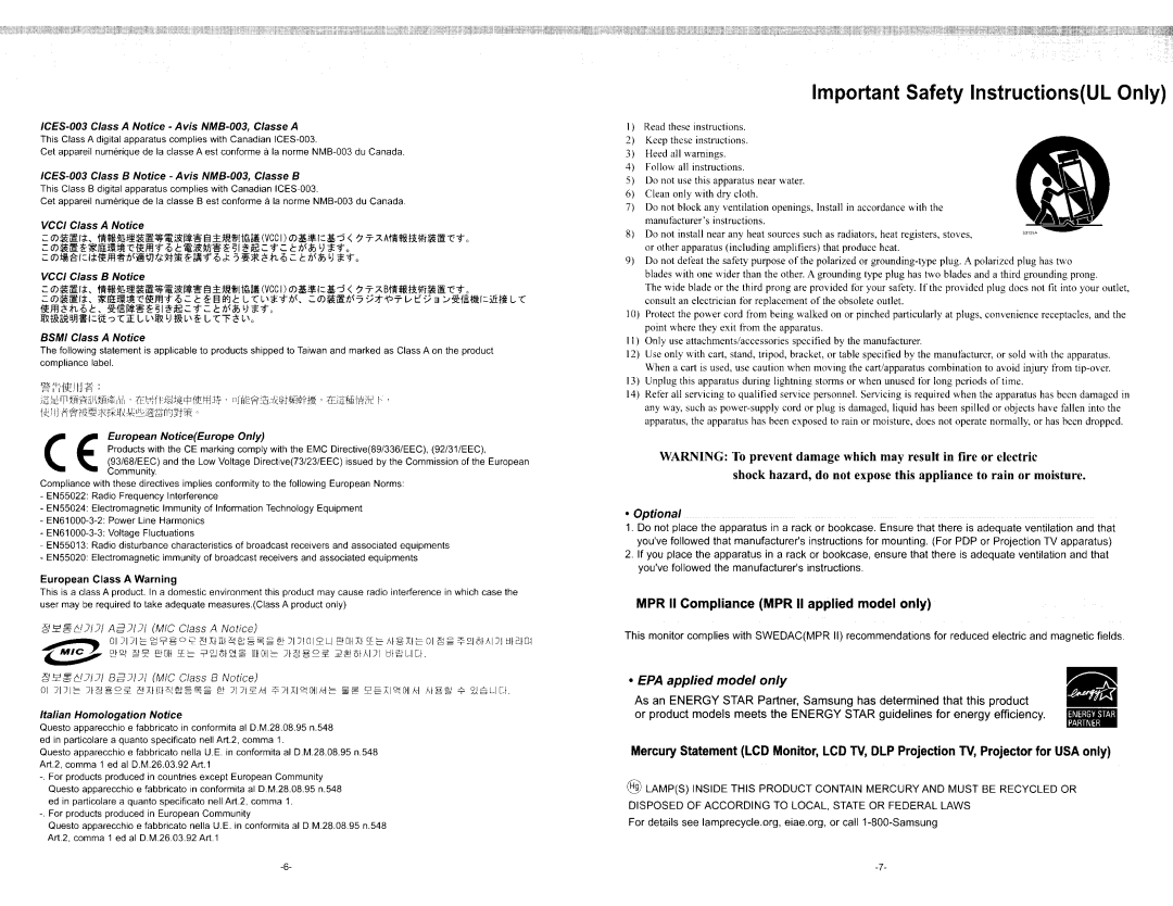 Samsung 451 user manual Important Safety InstructionsUL Only 