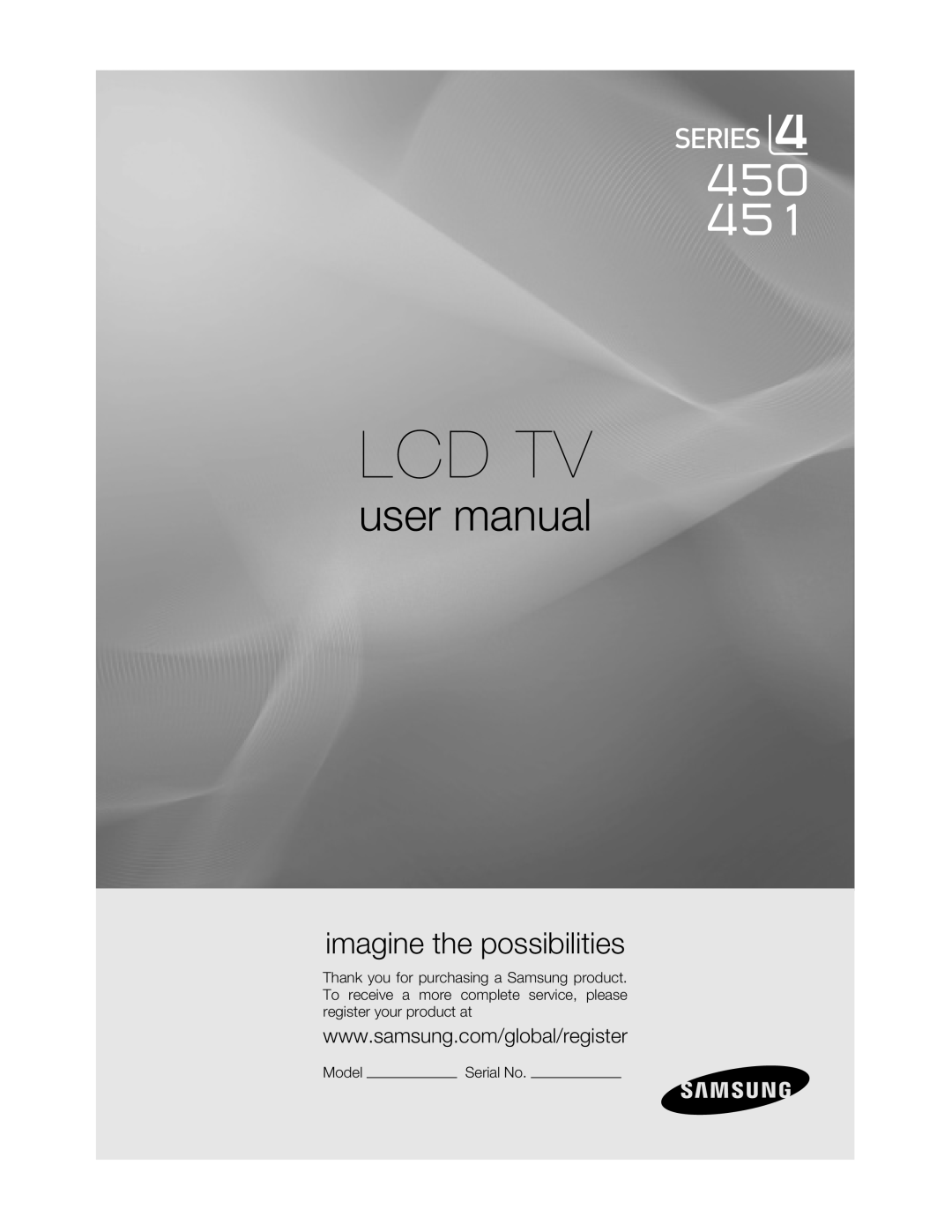 Samsung 451 user manual Lcd Tv, imagine the possibilities, Model 