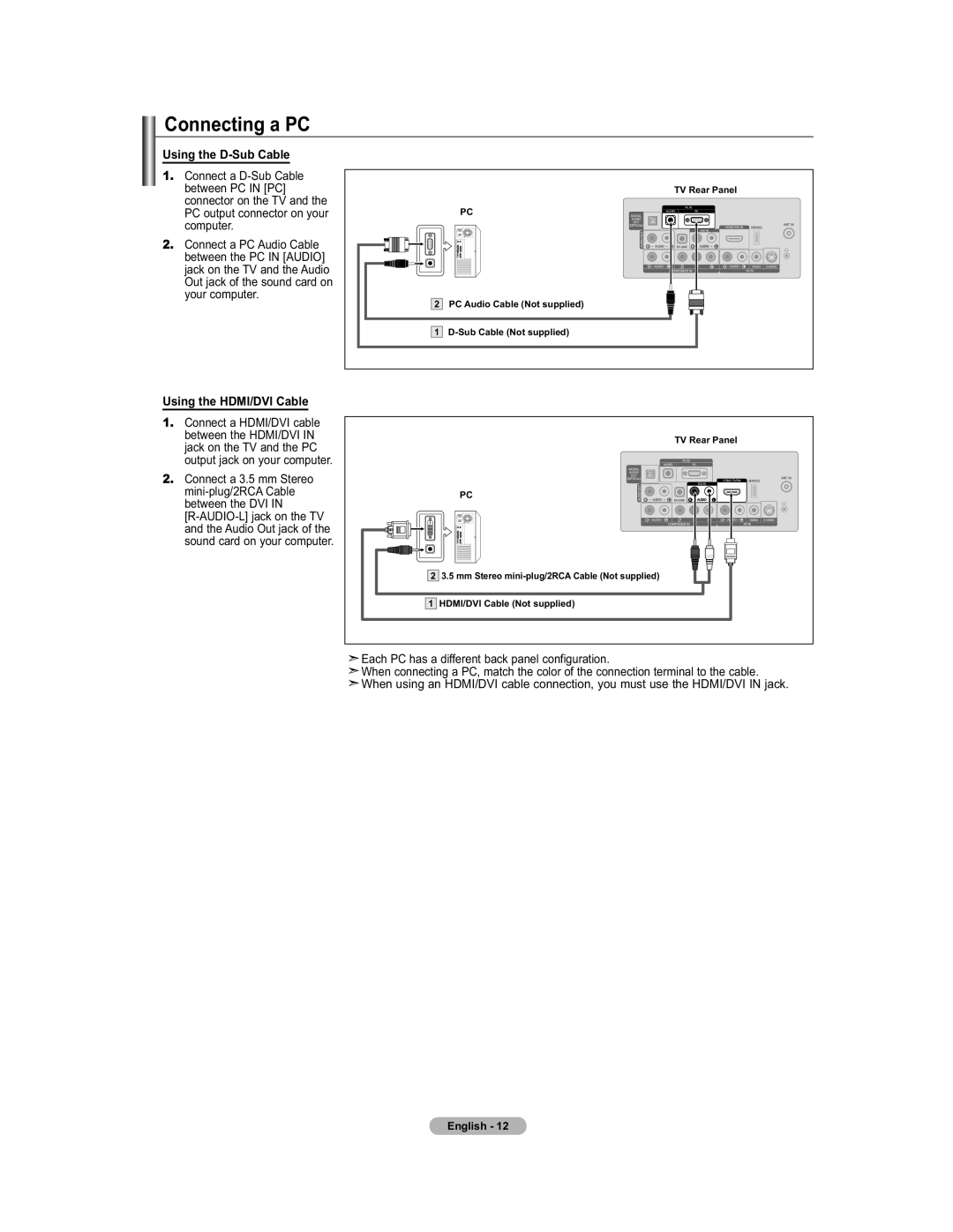Samsung 451 user manual Connecting a PC, Using the D-Sub Cable, Using the HDMI/DVI Cable 