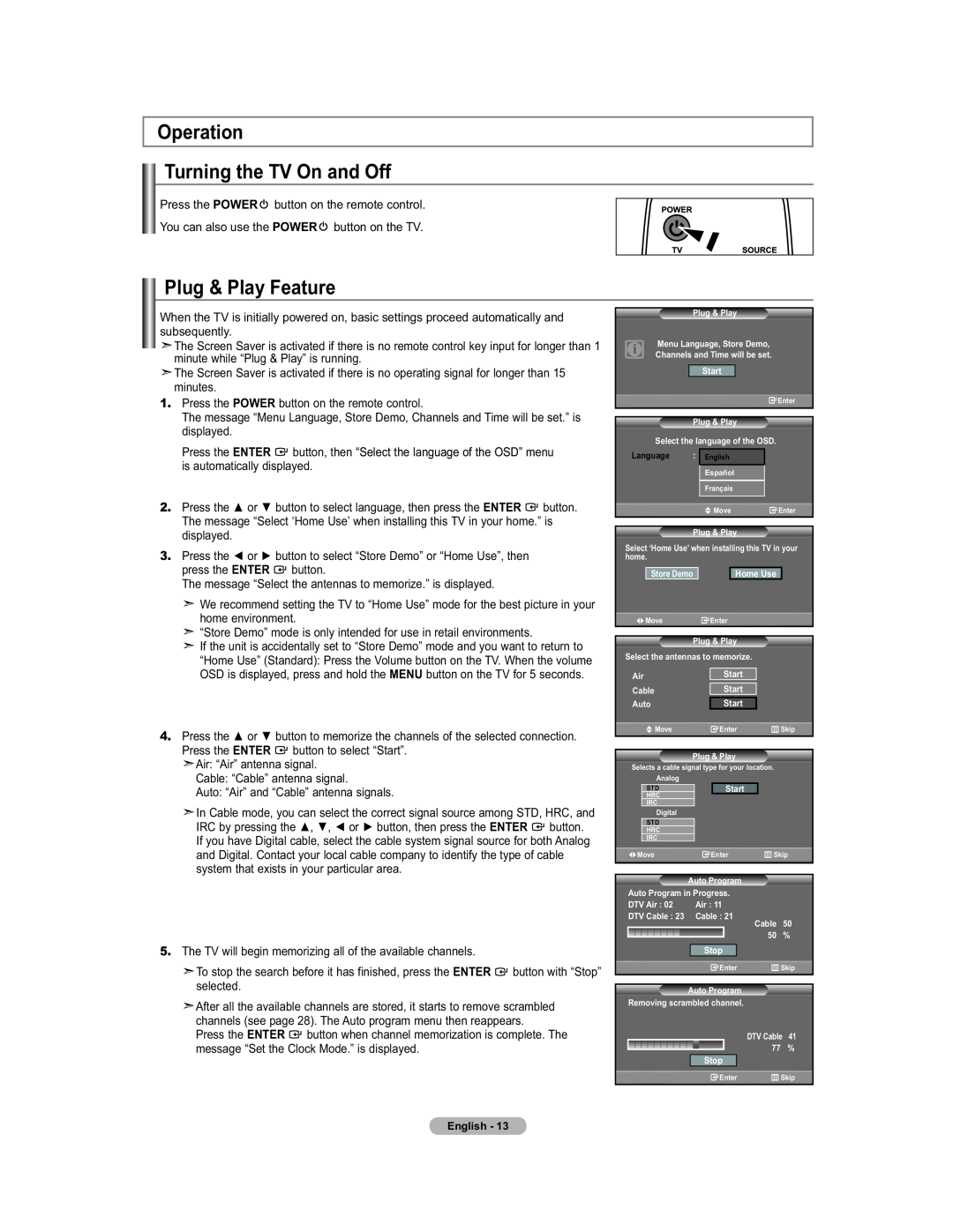 Samsung 451 user manual Operation Turning the TV On and Off, Plug & Play Feature, Enter 
