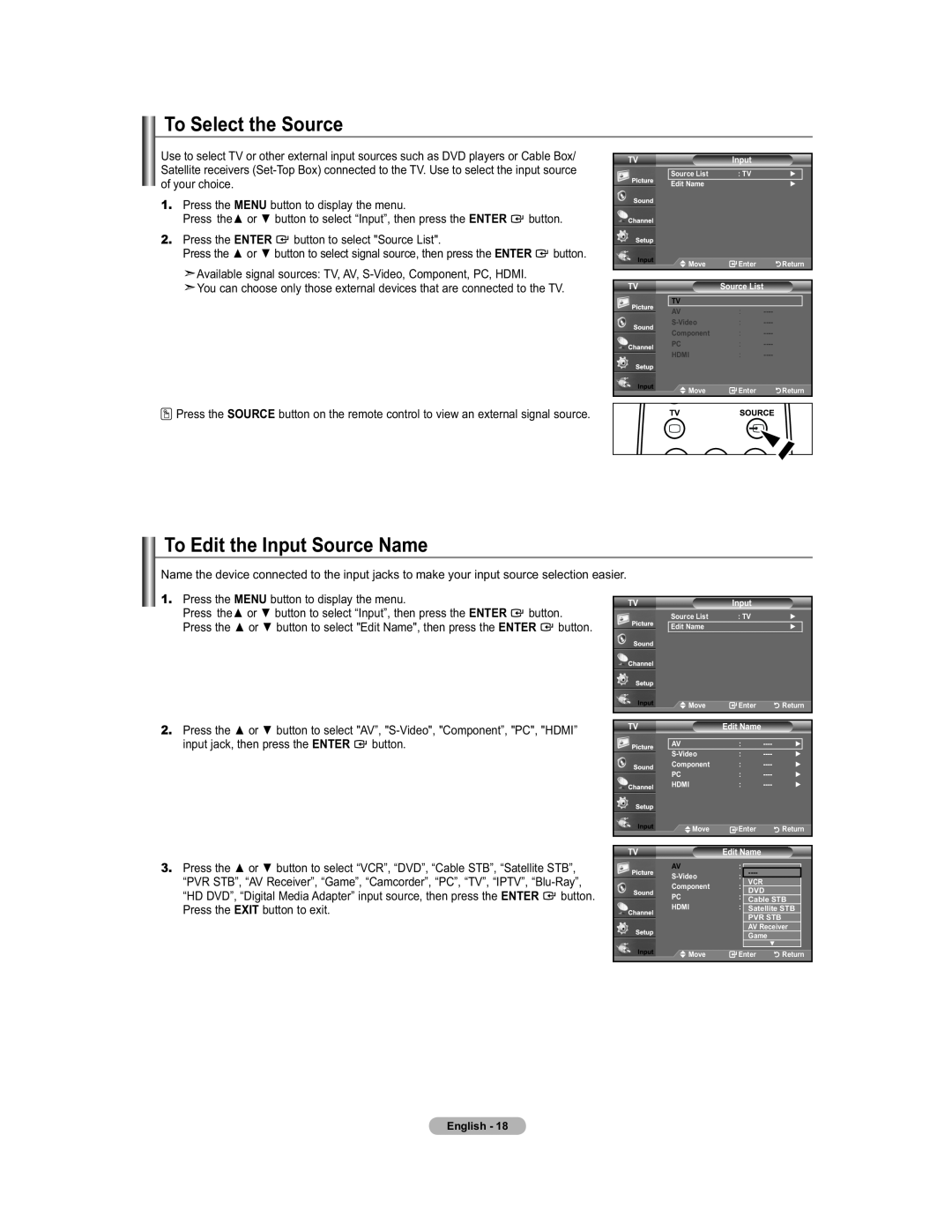 Samsung 451 user manual To Select the Source, To Edit the Input Source Name, Enter 