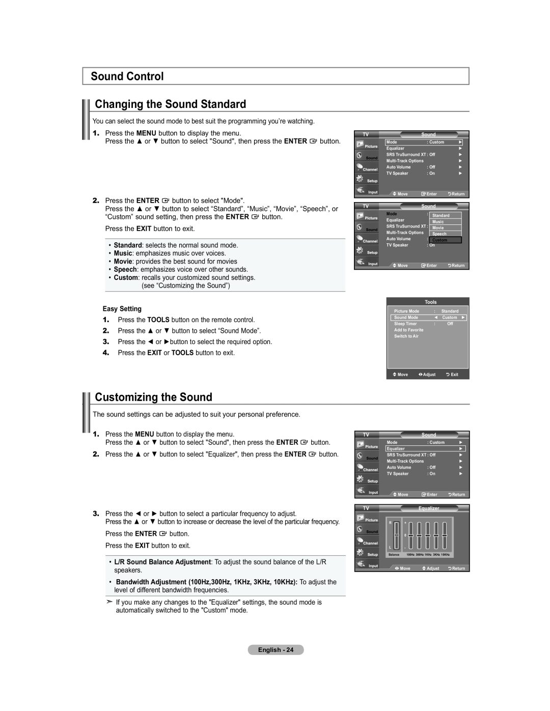Samsung 451 user manual Sound Control Changing the Sound Standard, Customizing the Sound, Press the, Easy Setting, Enter 