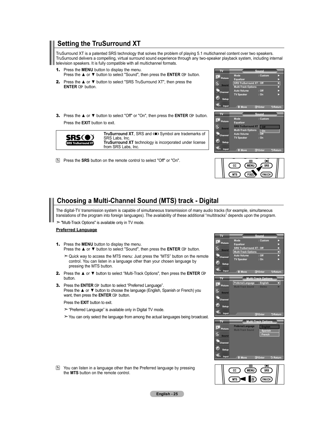 Samsung 451 Setting the TruSurround XT, Choosing a Multi-Channel Sound MTS track - Digital, Enter, Preferred Language 