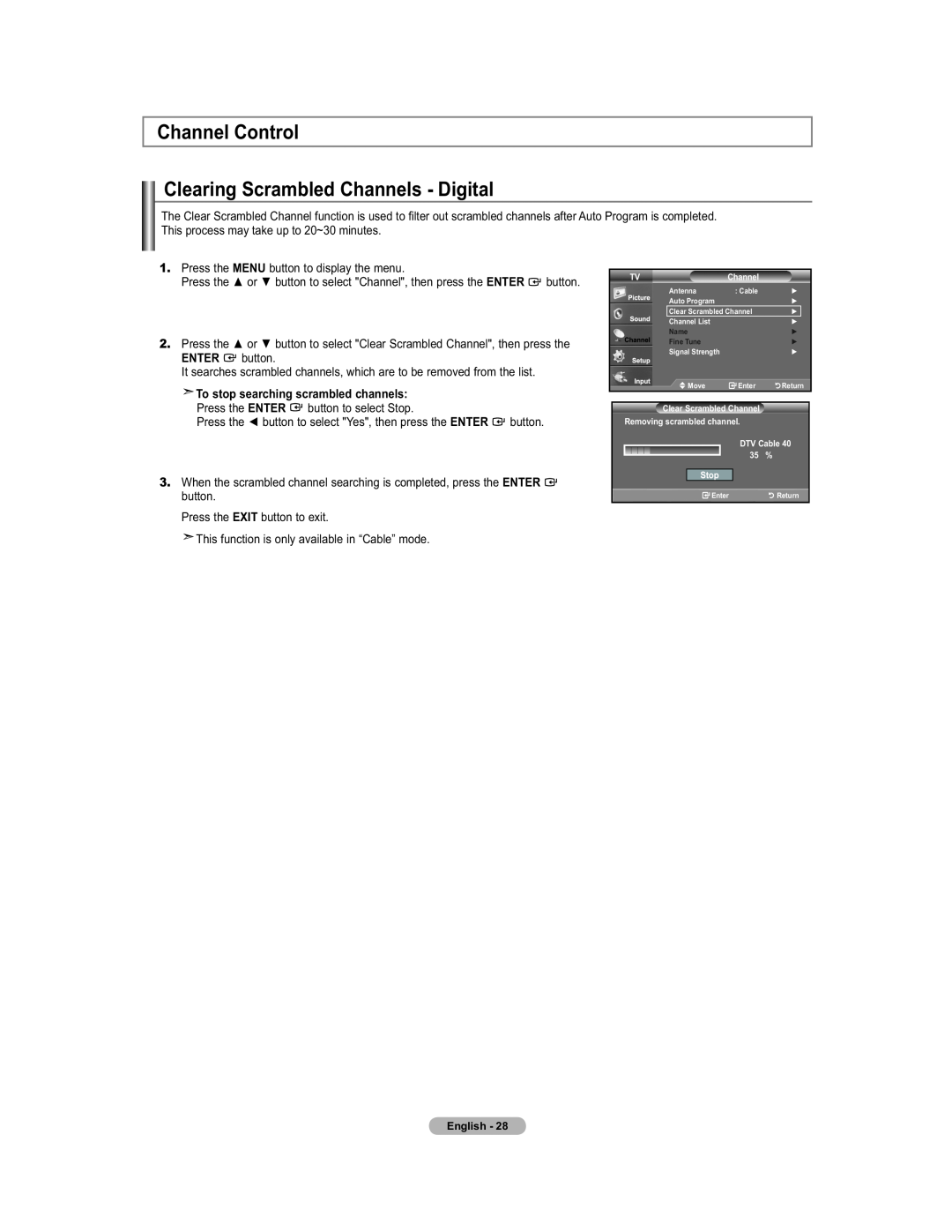 Samsung 451 Channel Control Clearing Scrambled Channels - Digital, To stop searching scrambled channels, Enter, Name 