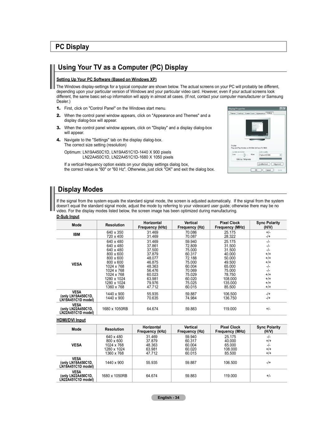 Samsung 451 user manual PC Display Using Your TV as a Computer PC Display, Display Modes, D-Sub Input, HDMI/DVI Input 