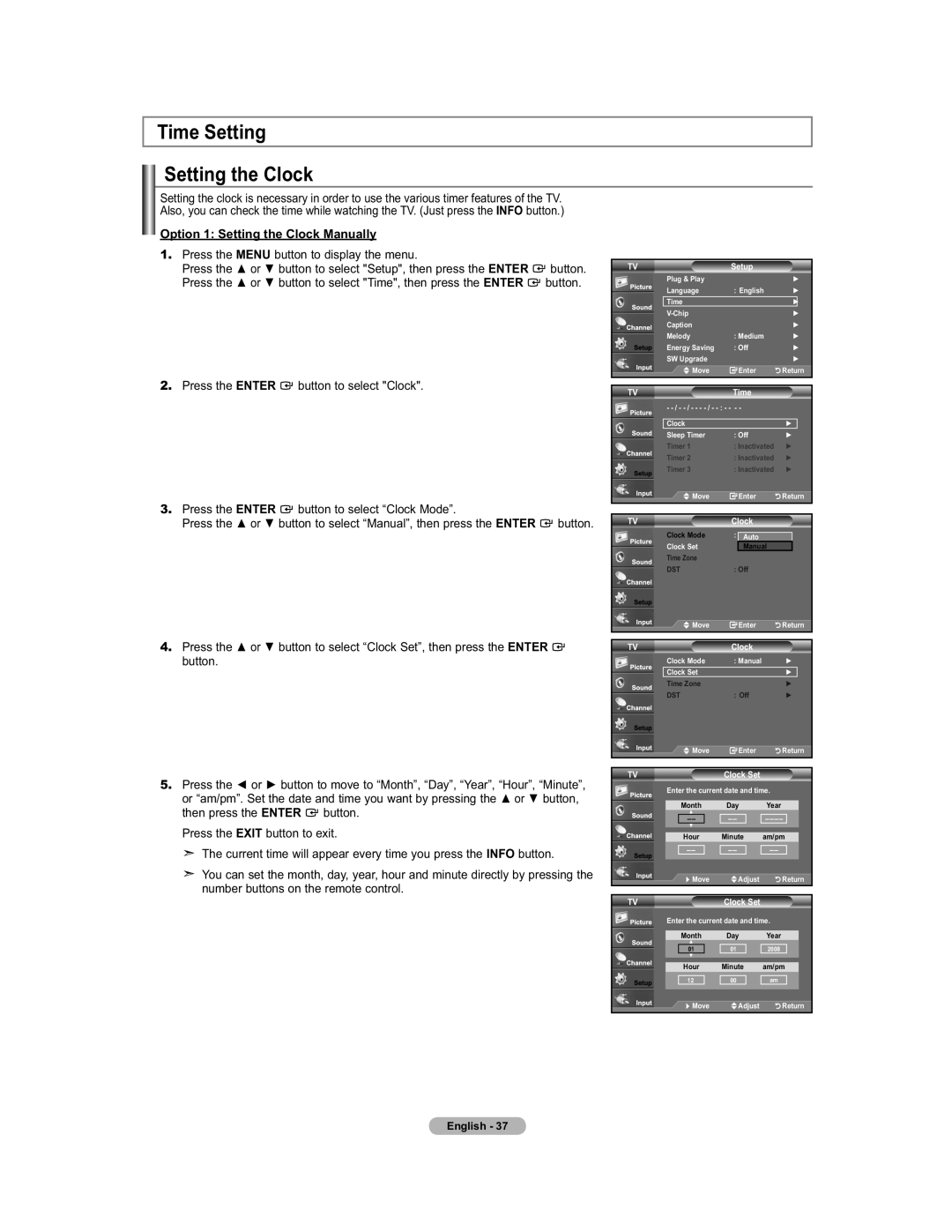 Samsung 451 user manual Time Setting Setting the Clock, Option 1 Setting the Clock Manually, Press the 