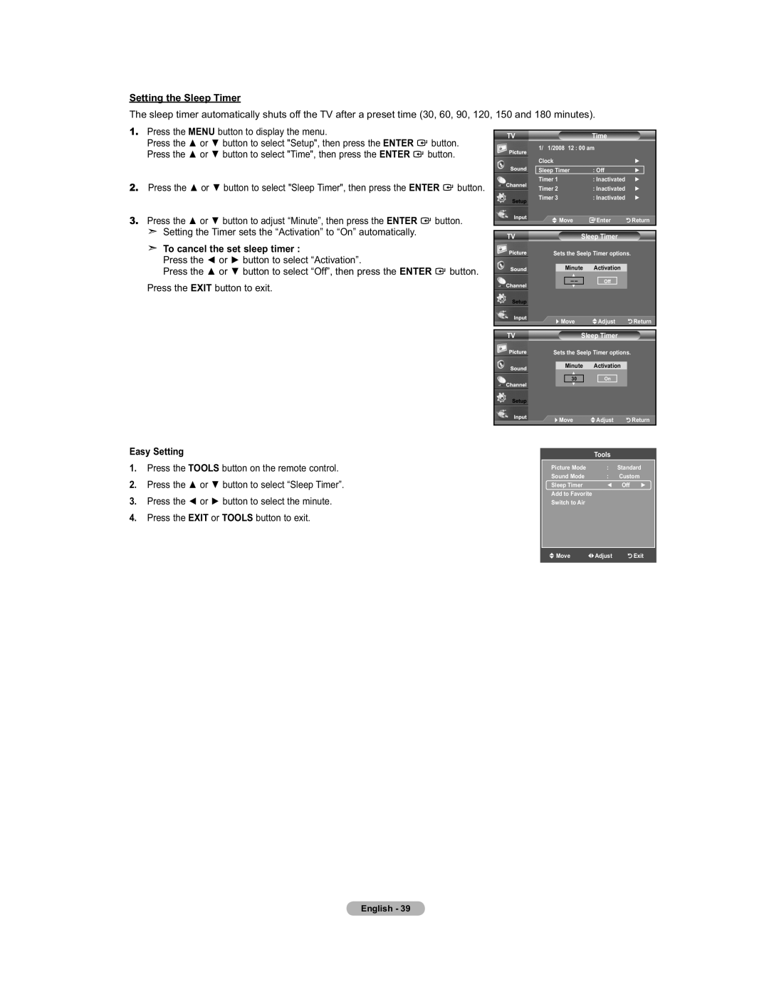 Samsung 451 user manual Setting the Sleep Timer, Enter, To cancel the set sleep timer, Easy Setting 