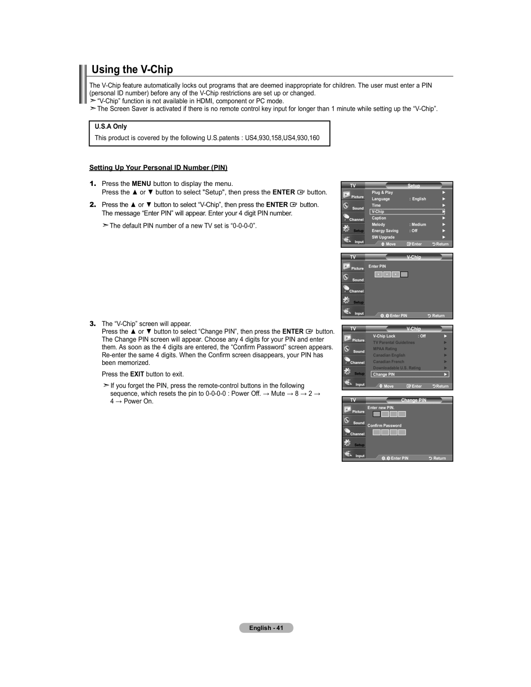 Samsung 451 user manual Using the V-Chip, U.S.A Only, Setting Up Your Personal ID Number PIN 