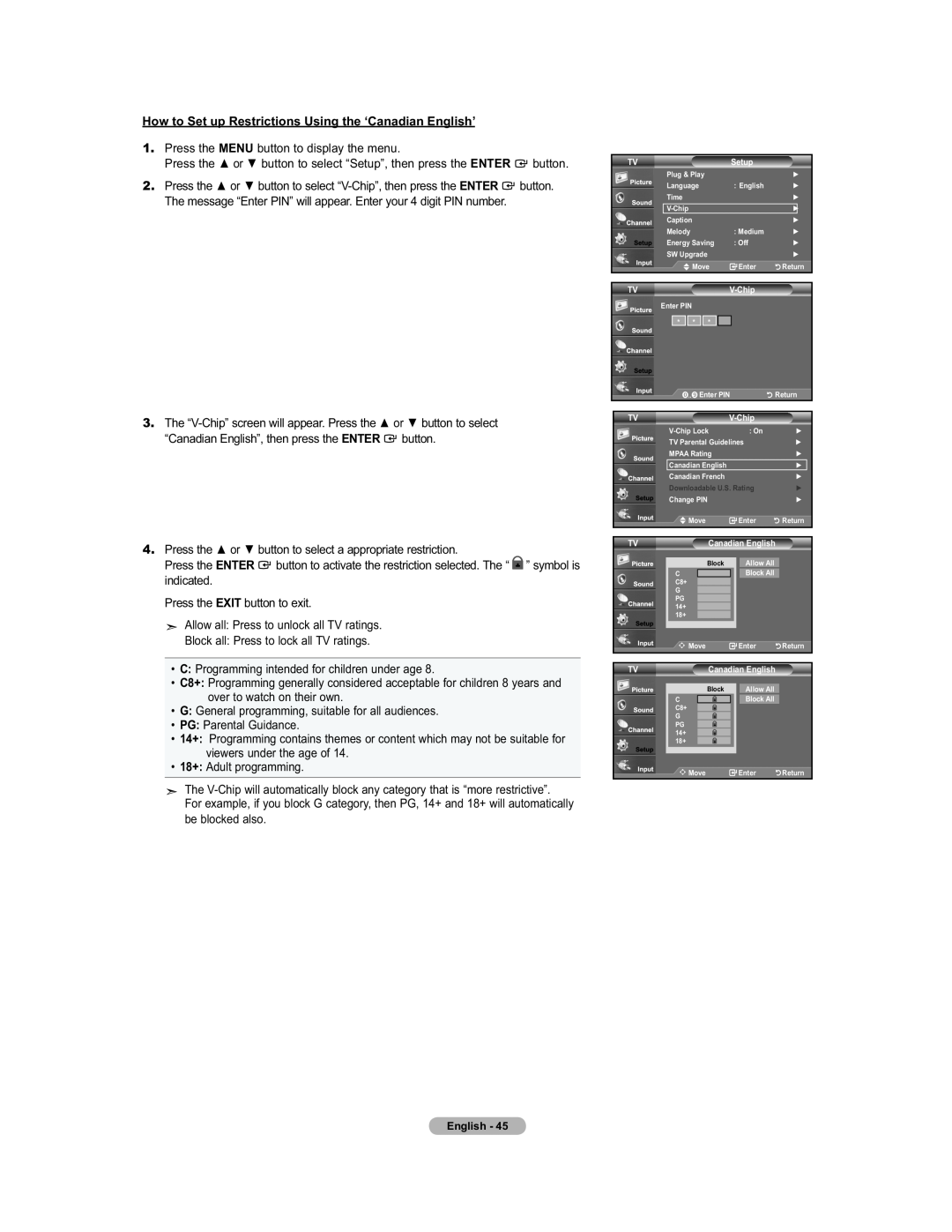 Samsung 451 user manual How to Set up Restrictions Using the ‘Canadian English’ 