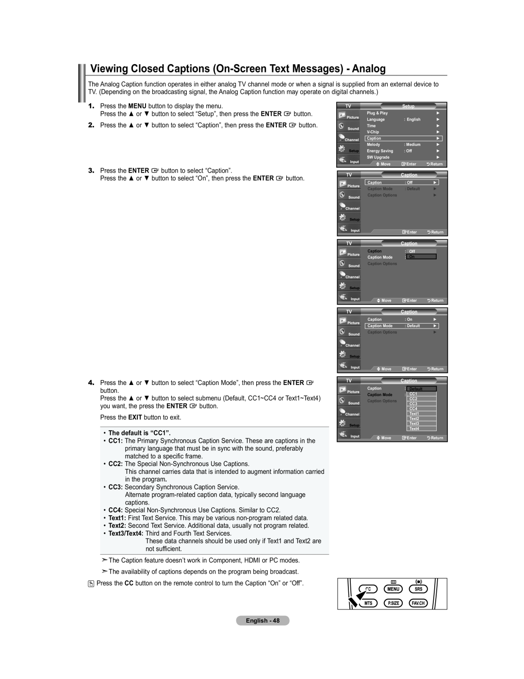 Samsung 451 user manual Viewing Closed Captions On-Screen Text Messages - Analog, Enter, The default is “CC1” 
