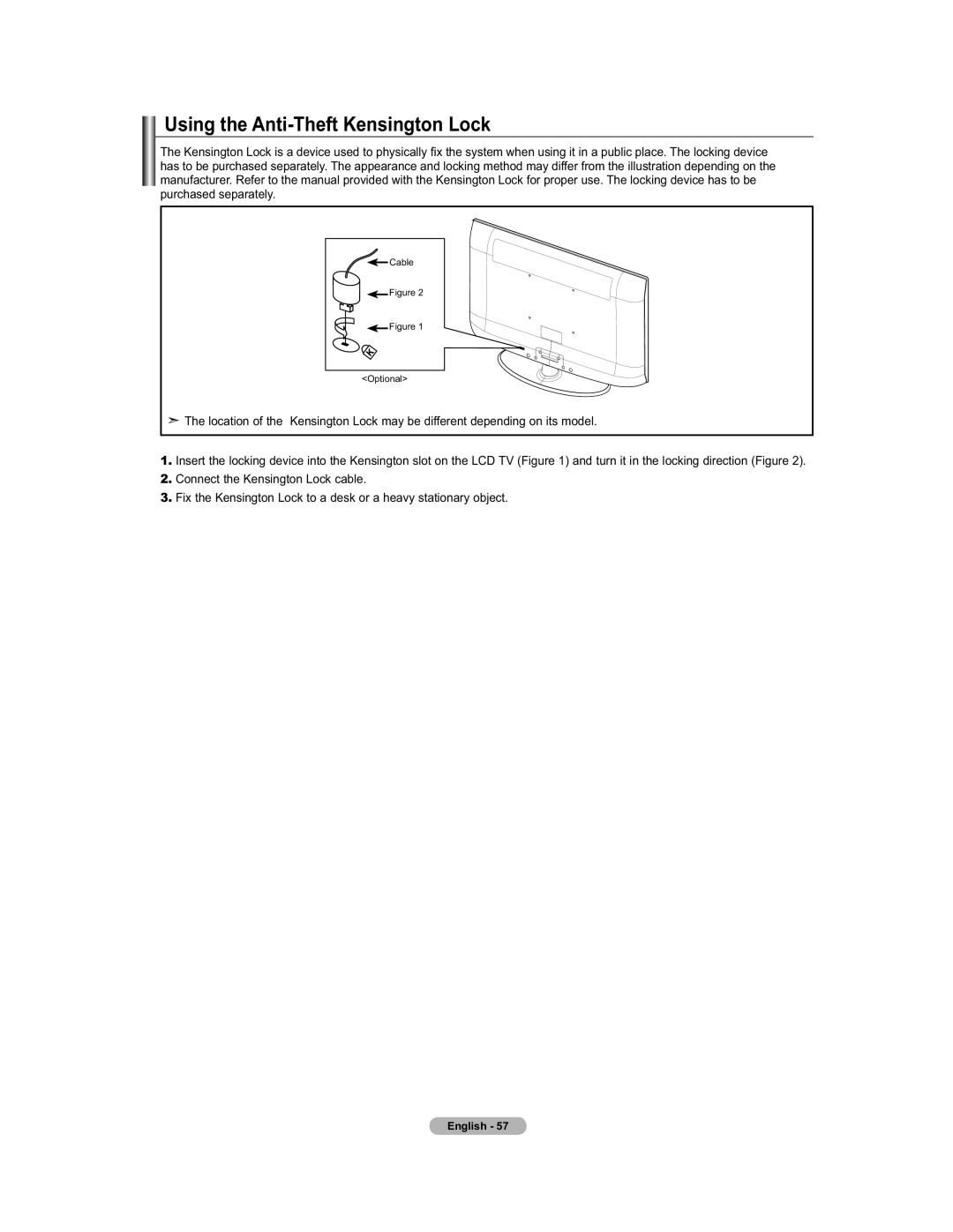 Samsung 451 user manual Using the Anti-Theft Kensington Lock, Cable, Optional 