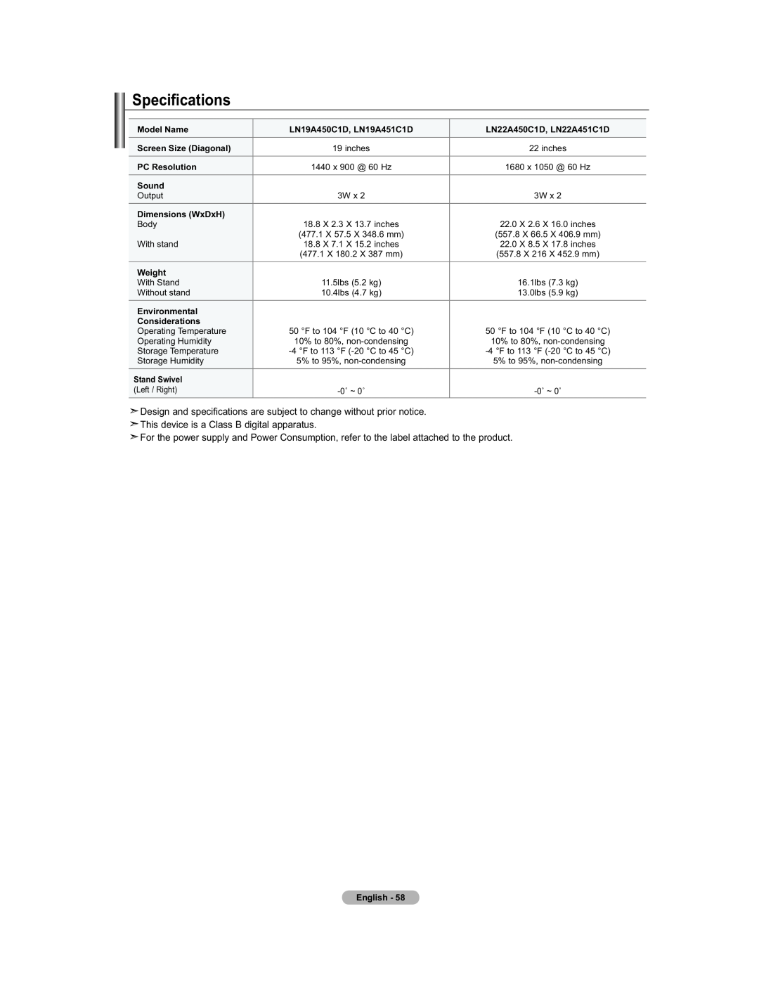 Samsung 451 user manual Speci, Design and specifications are subject to change without prior notice 