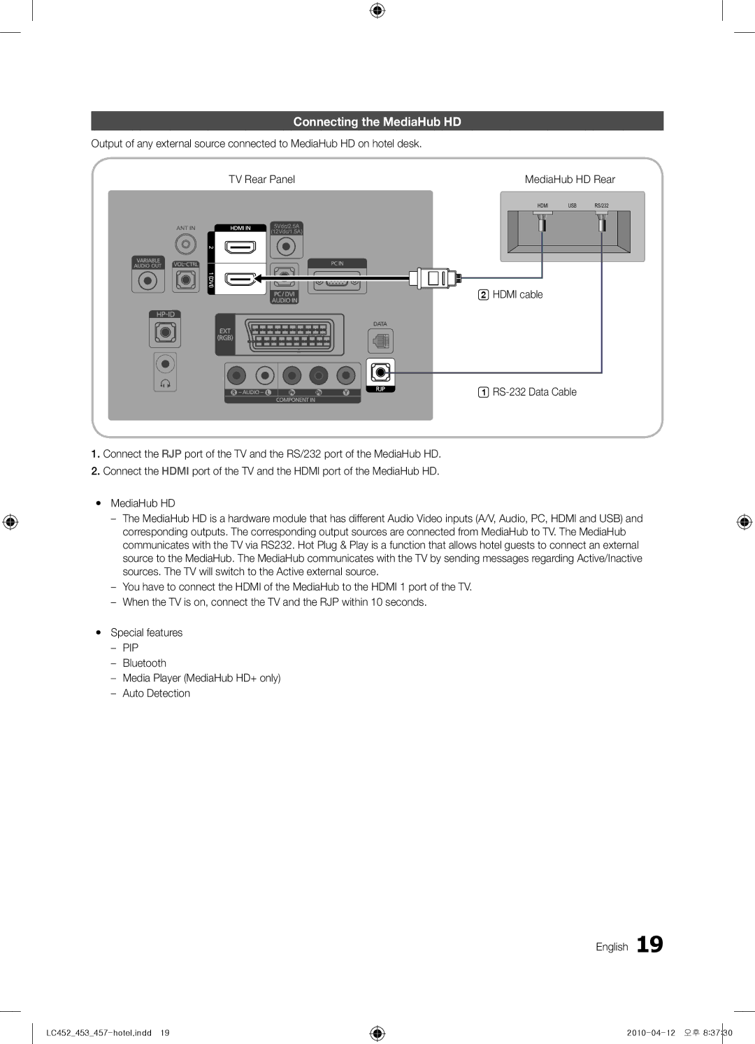 Samsung 452, 453, 457 installation manual Connecting the MediaHub HD 