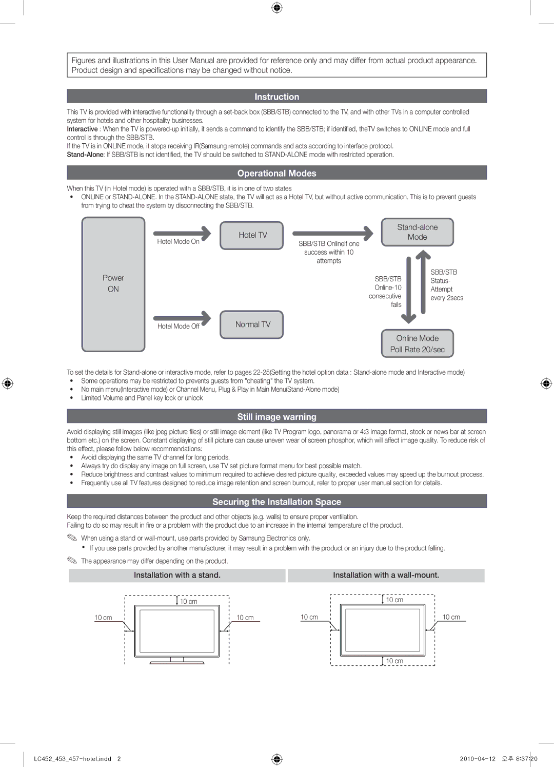 Samsung 457, 453, 452 Instruction, Operational Modes, Still image warning, Securing the Installation Space 