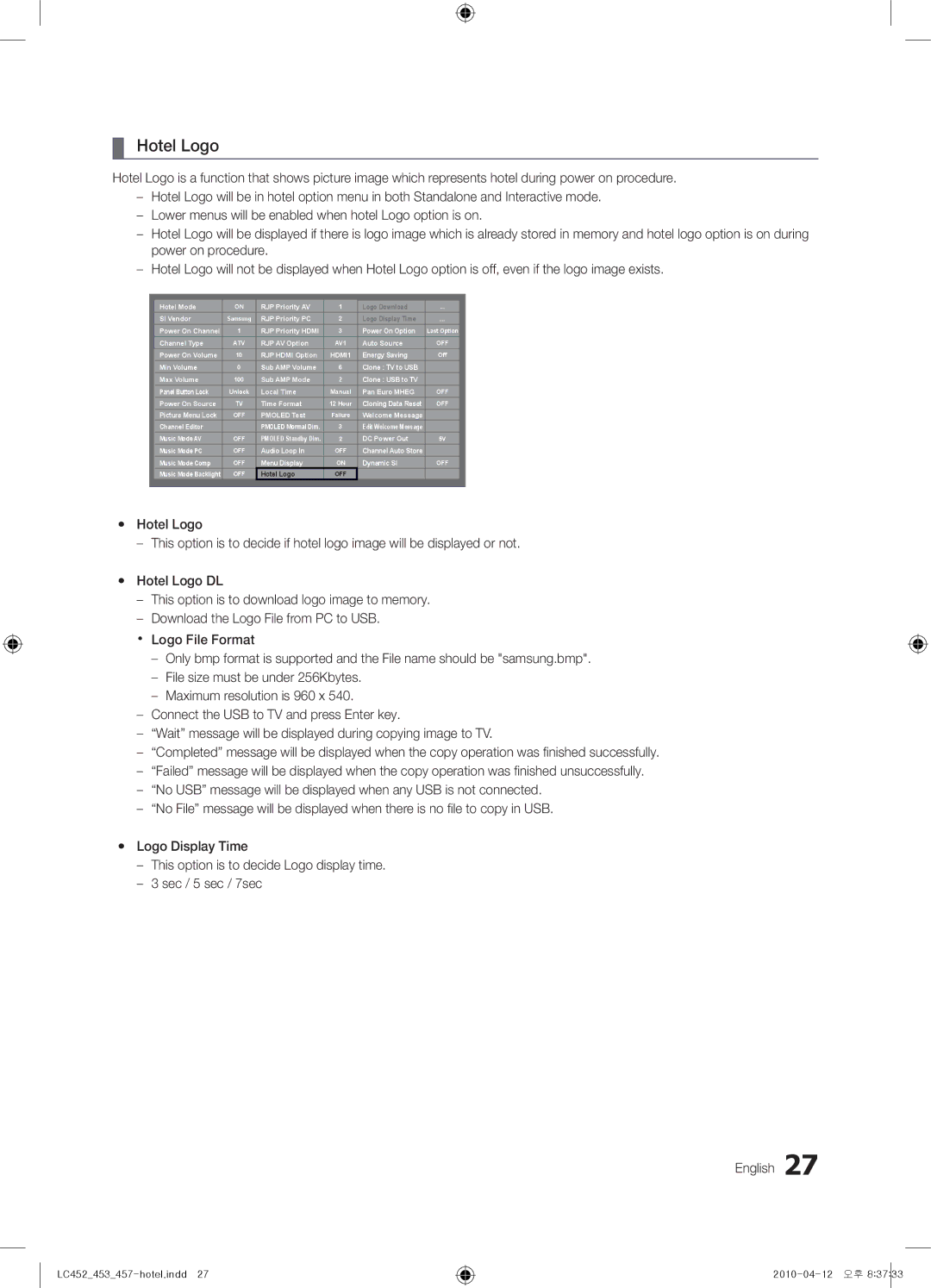 Samsung 453, 452, 457 installation manual Hotel Logo 