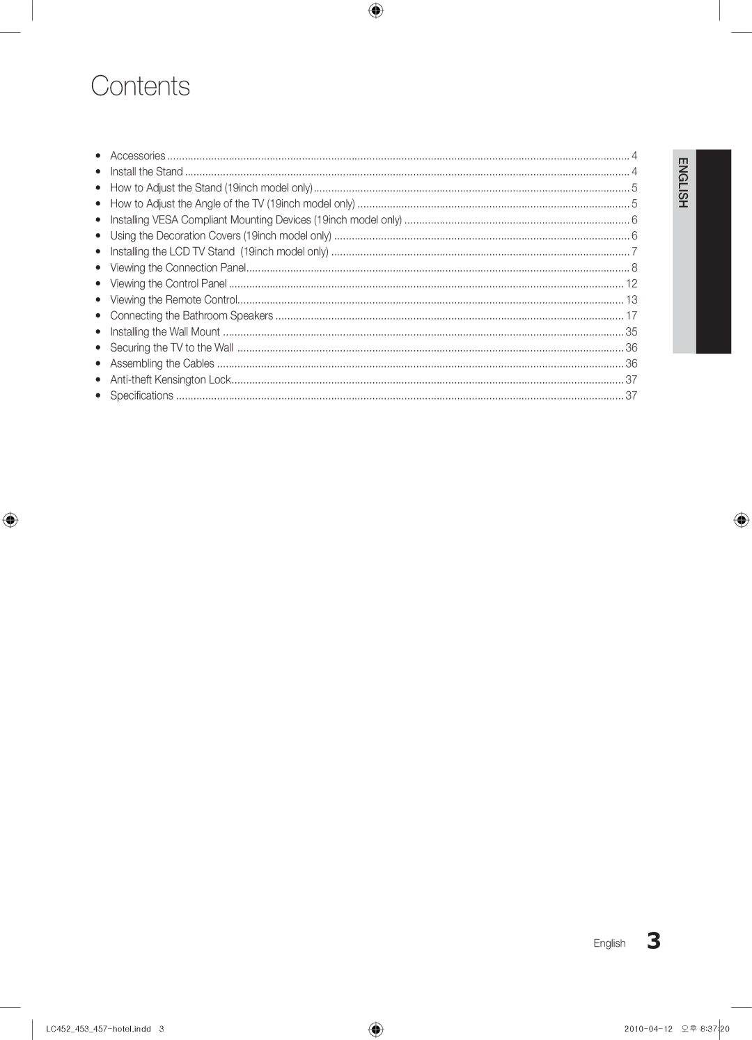 Samsung 453, 452, 457 installation manual Contents 