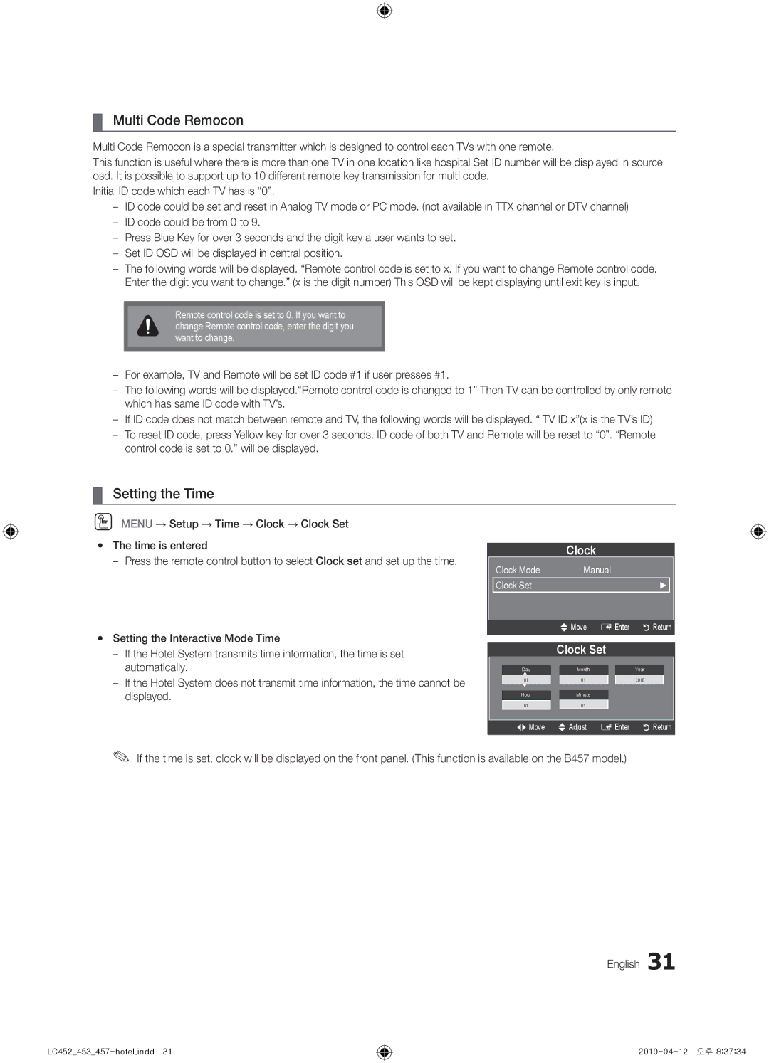 Samsung 452, 453, 457 installation manual Multi Code Remocon, Setting the Time, Clock Set 